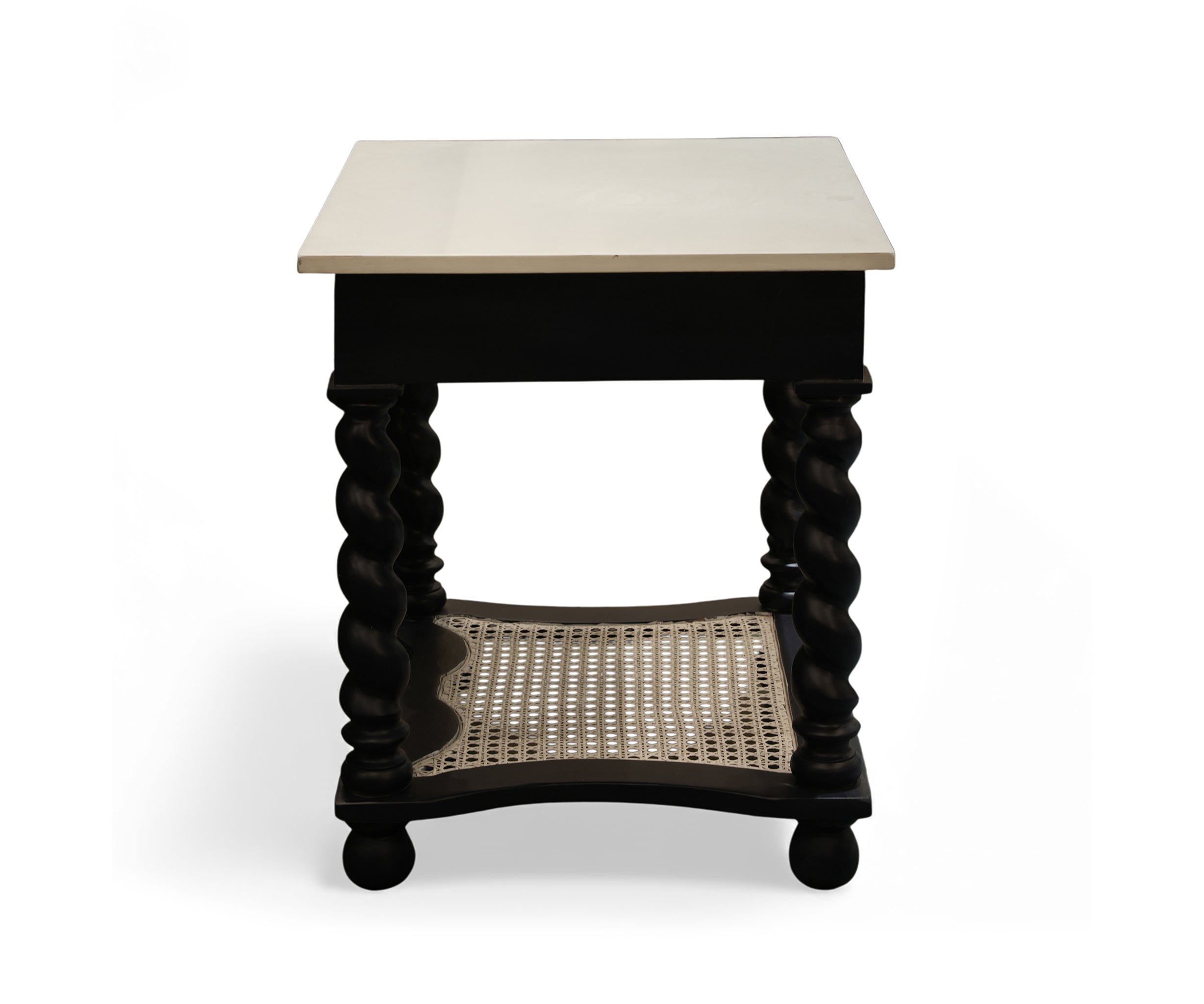 Black Barley Twist Cane Shelf Bed Side Table with Ivory Top