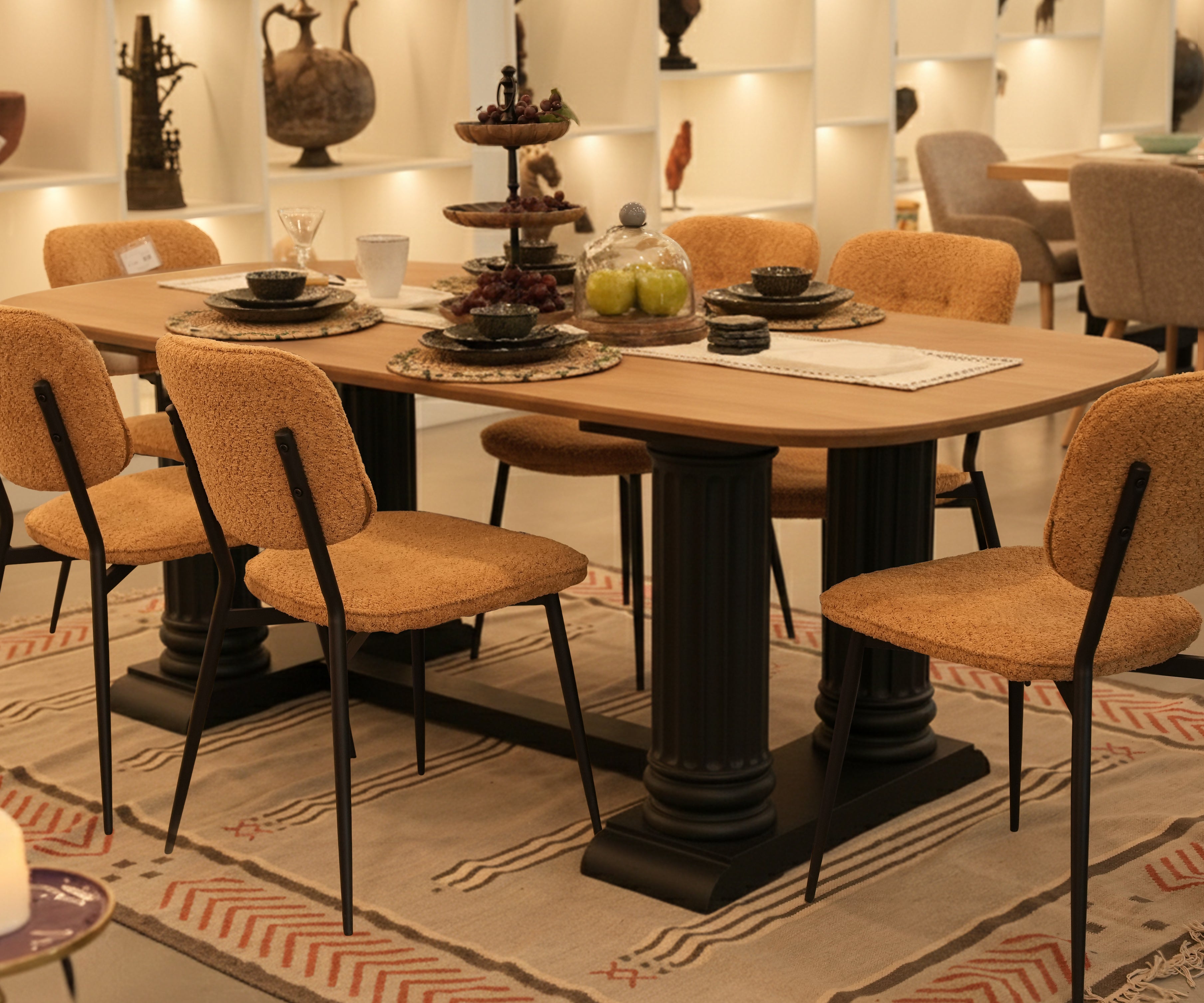 Natural Wood 6-8 Seater Dining Table with Fluted Pedestal Base