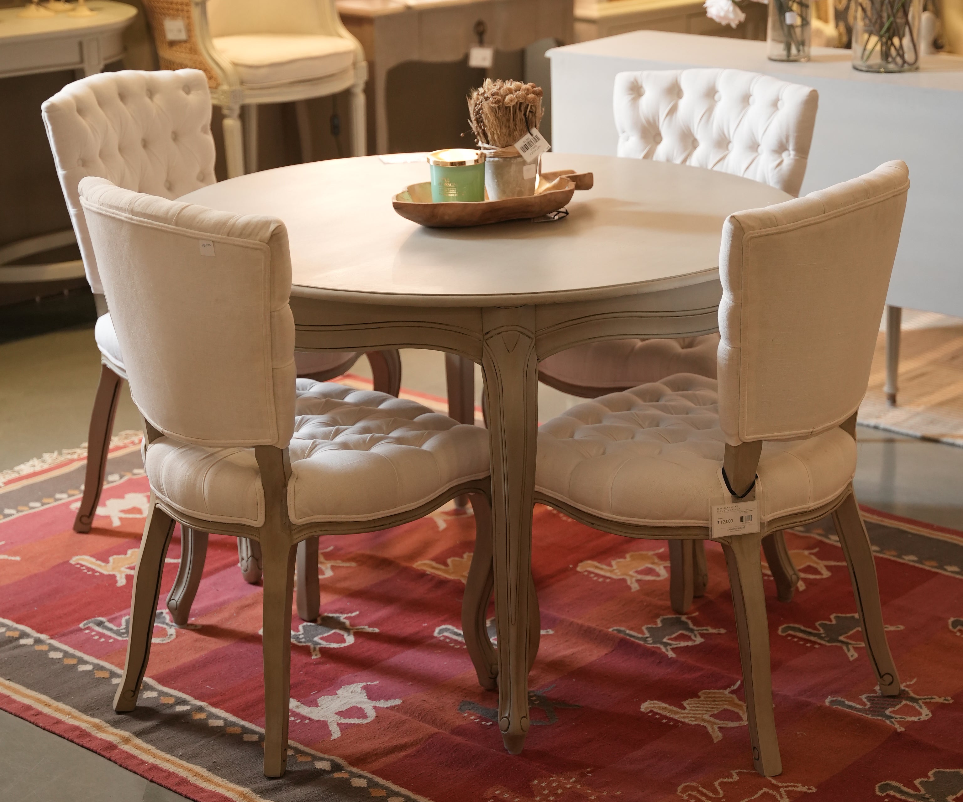 Ivory Tufted Gustavian Dining Chair with Carved Wood Frame