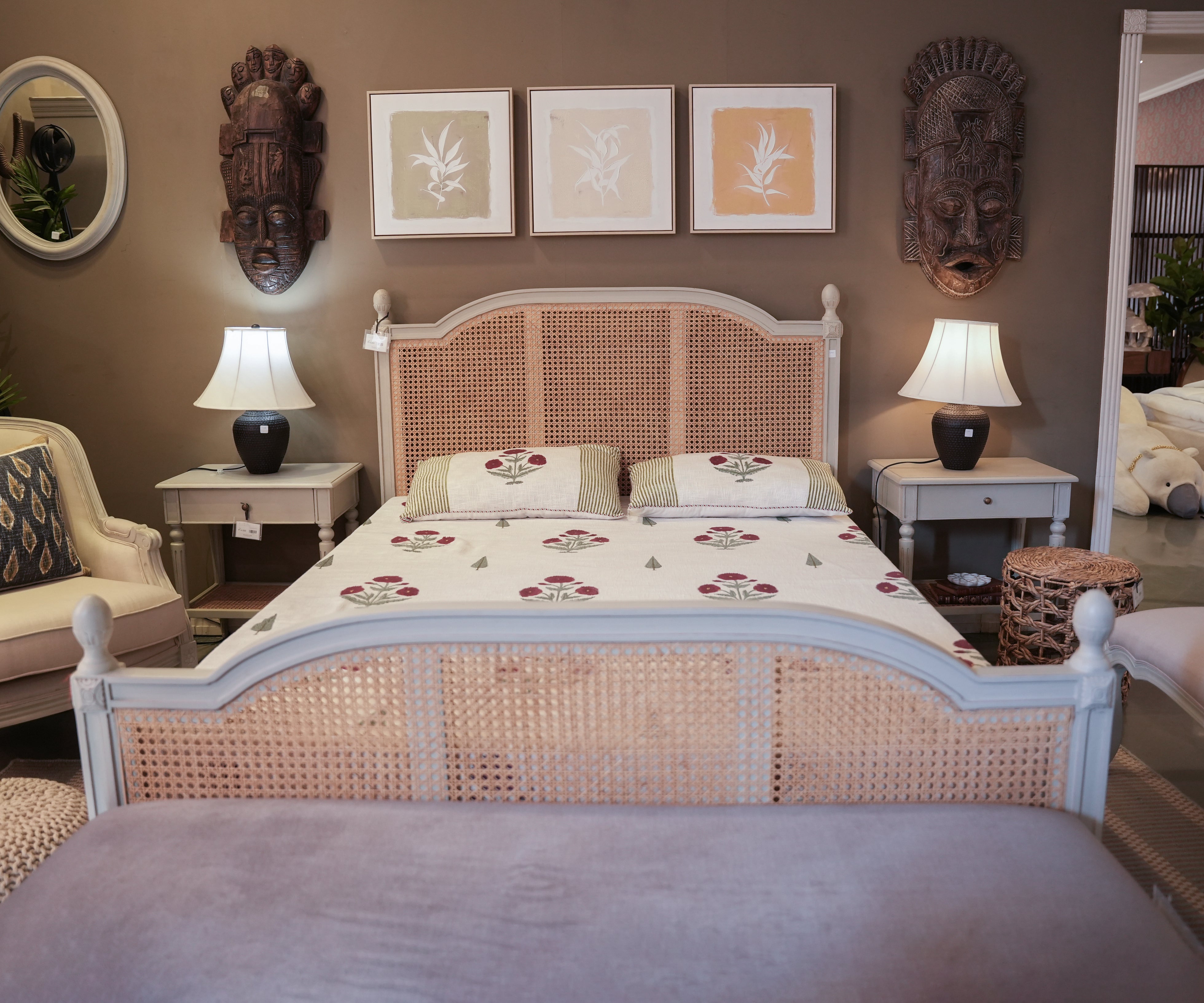 French Style Acacia Wood Cane Bed