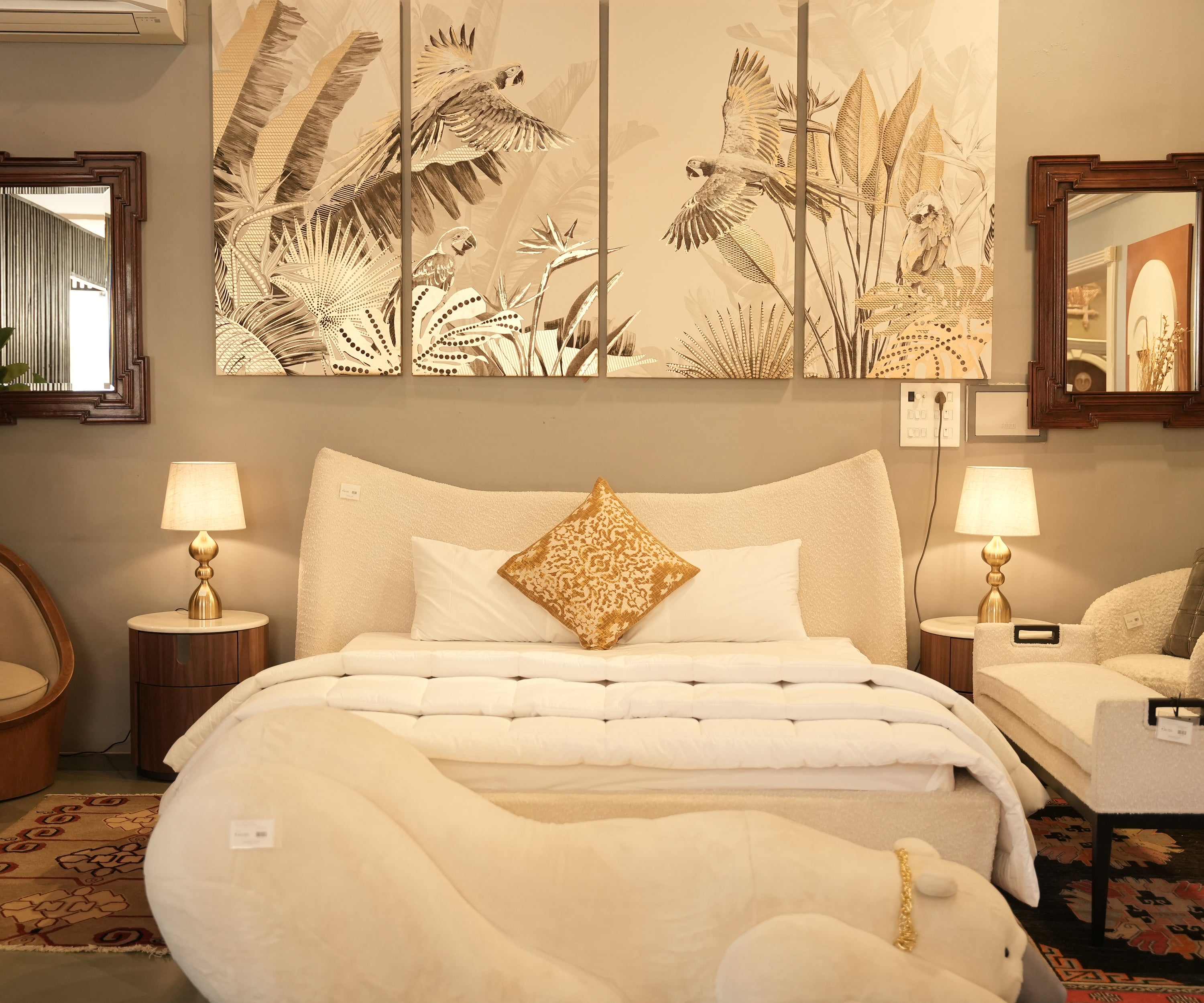 Ivory Bouclé Wingback Upholstered Bed