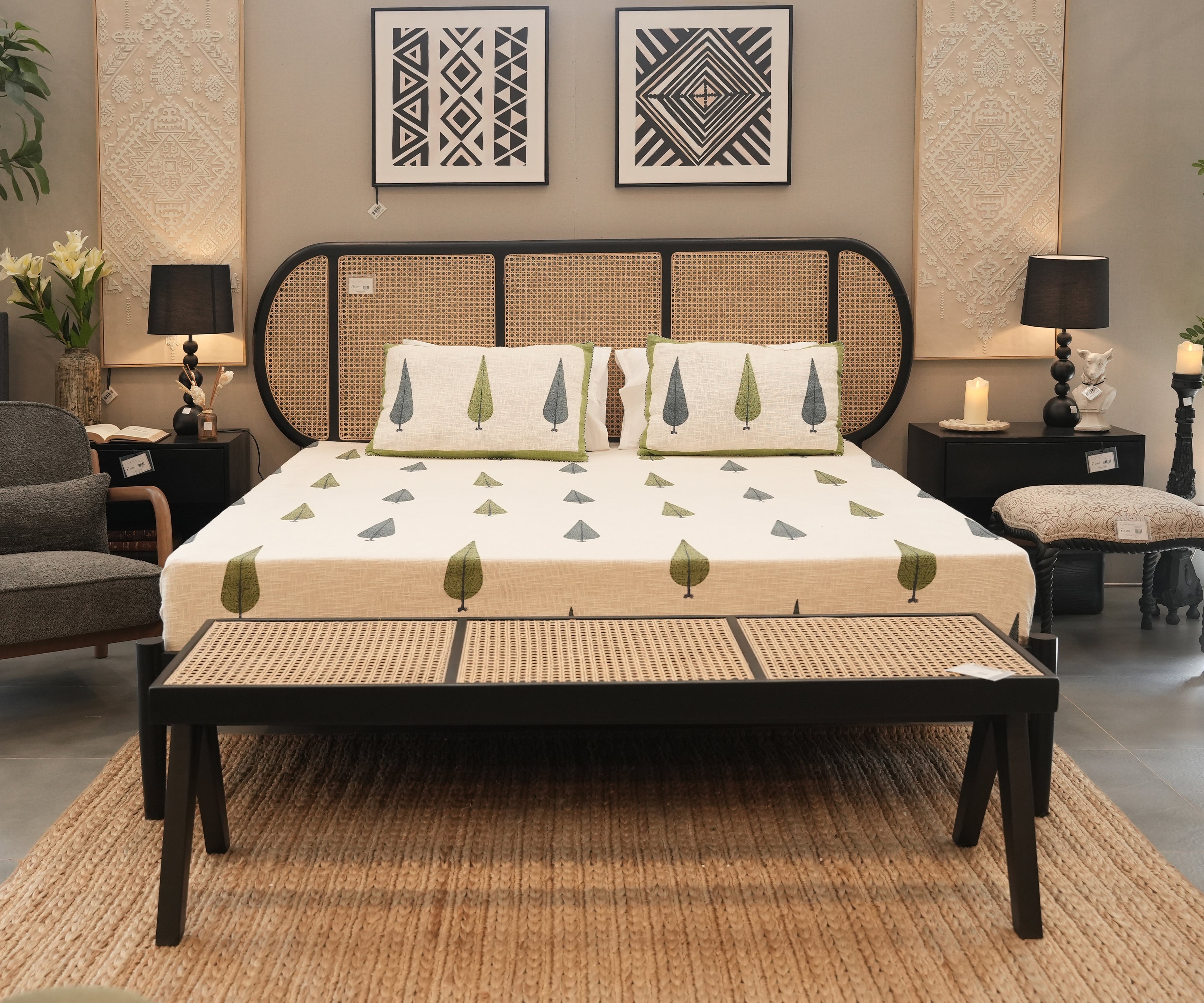 Modern Acacia Wood Cane Bed with Curved Headboard - Black