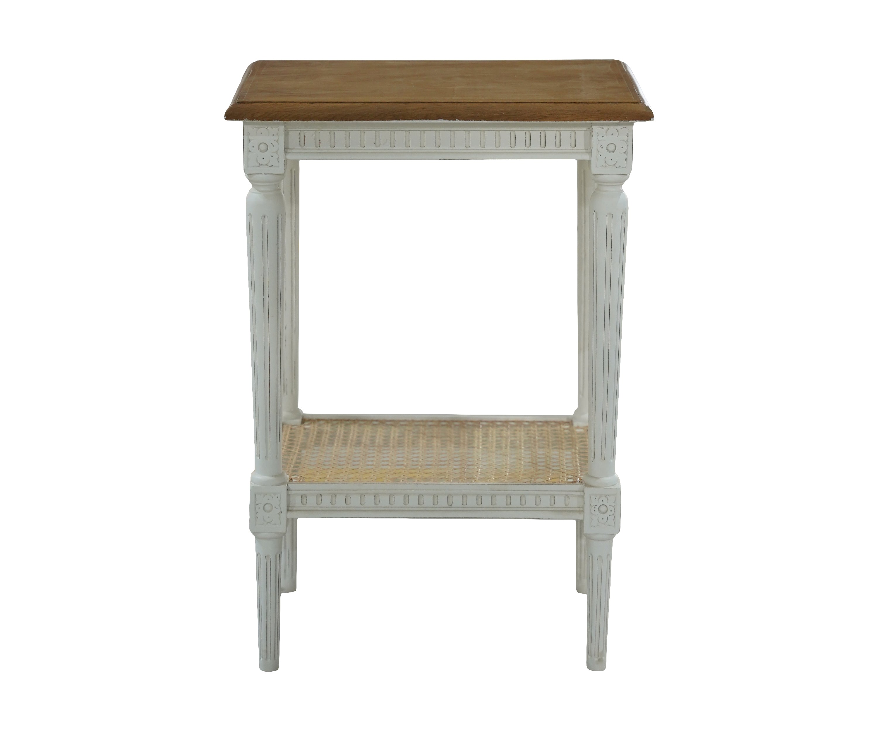 Gustavian Side Table with Rattan Shelf in Soft Grey Finish