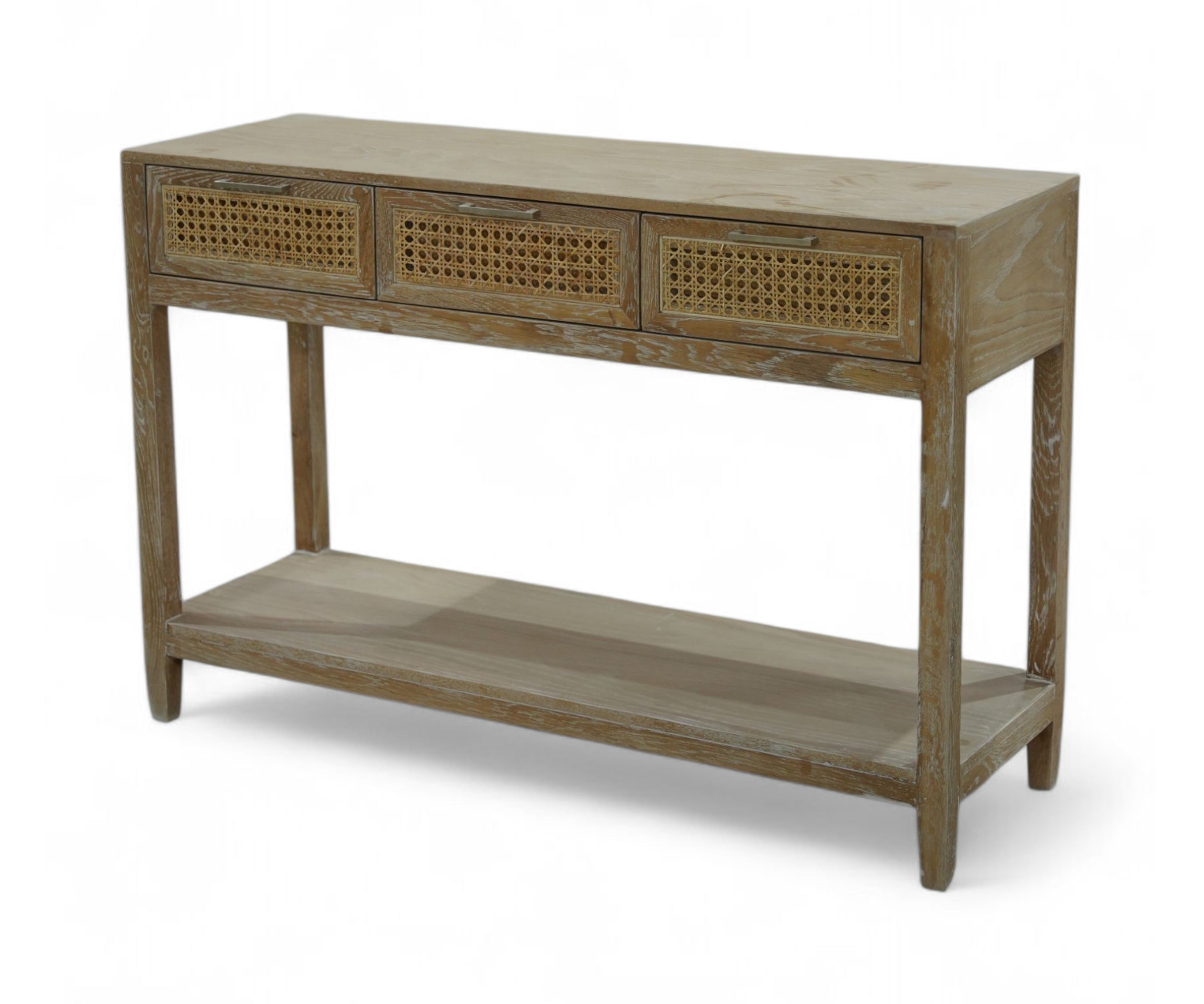 Distressed Oak Wood Console Table with Cane Drawers and Lower Shelf