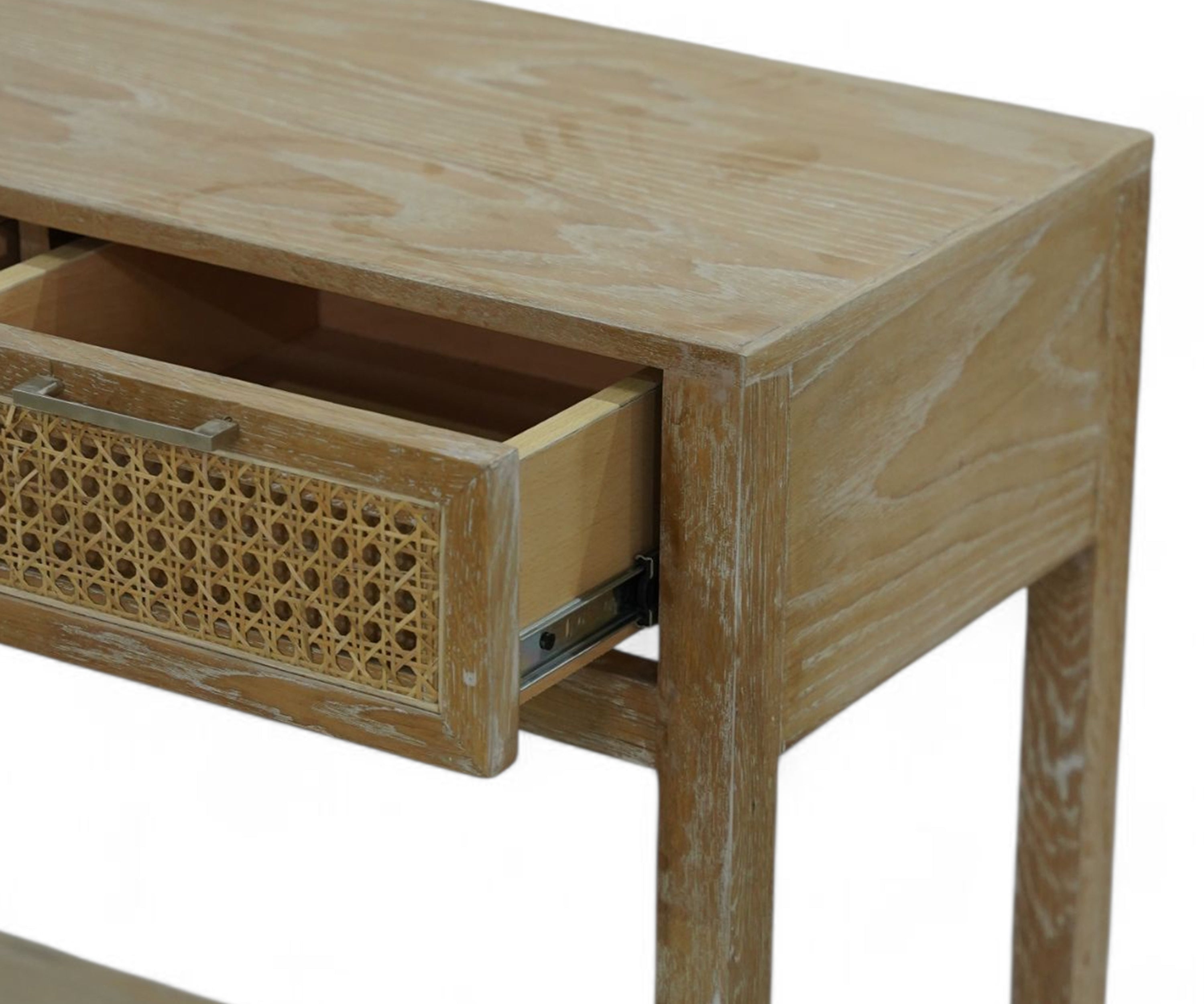 Distressed Oak Wood Console Table with Cane Drawers and Lower Shelf