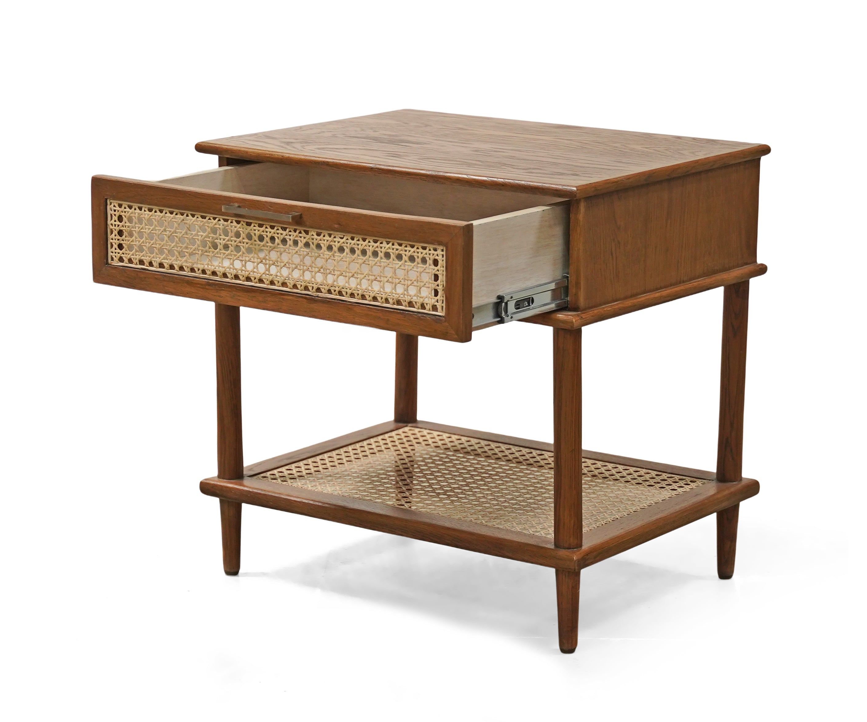 Walnut Cane Drawer Bed Side Table with Lower Shelf