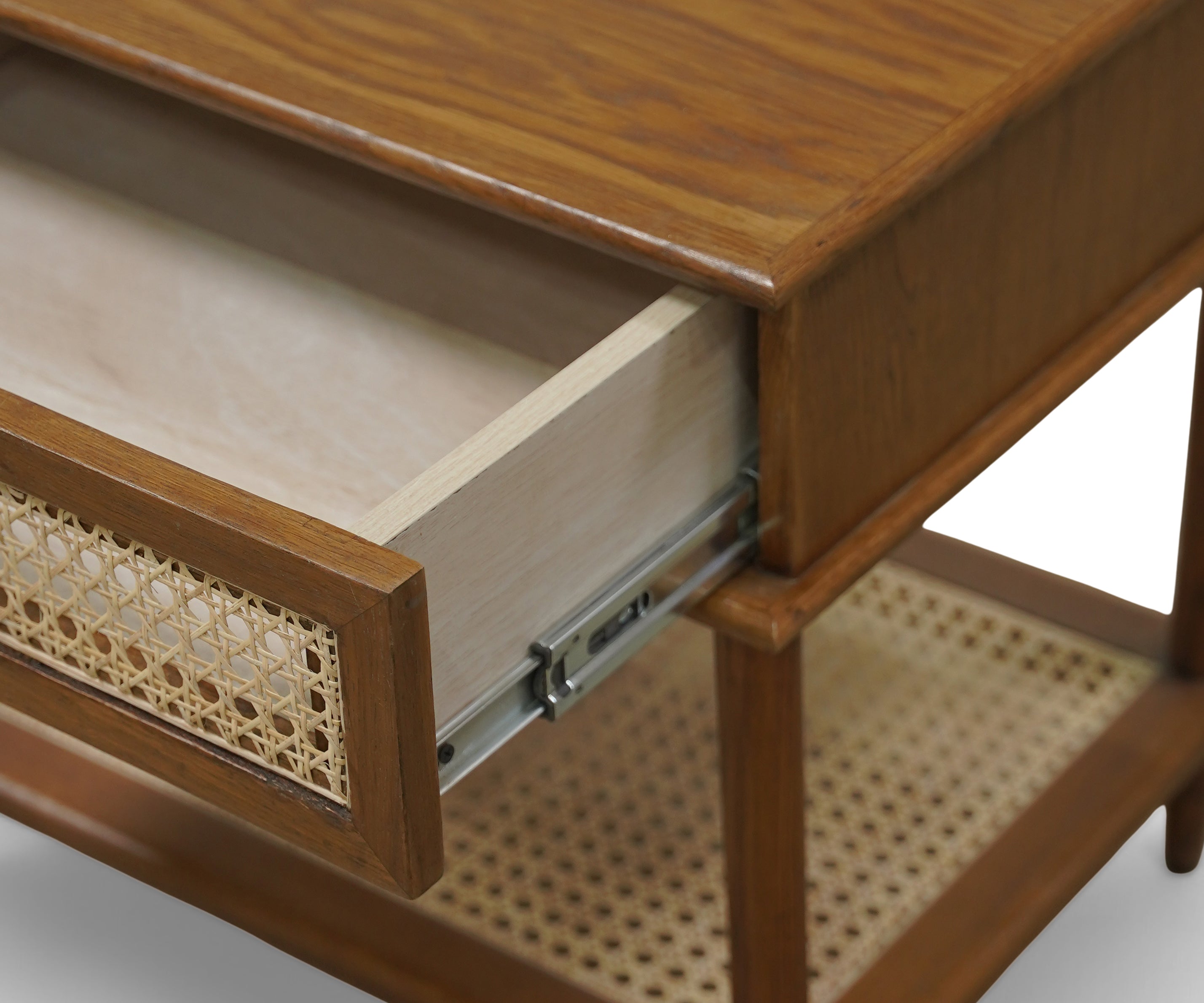 Walnut Cane Drawer Bed Side Table with Lower Shelf