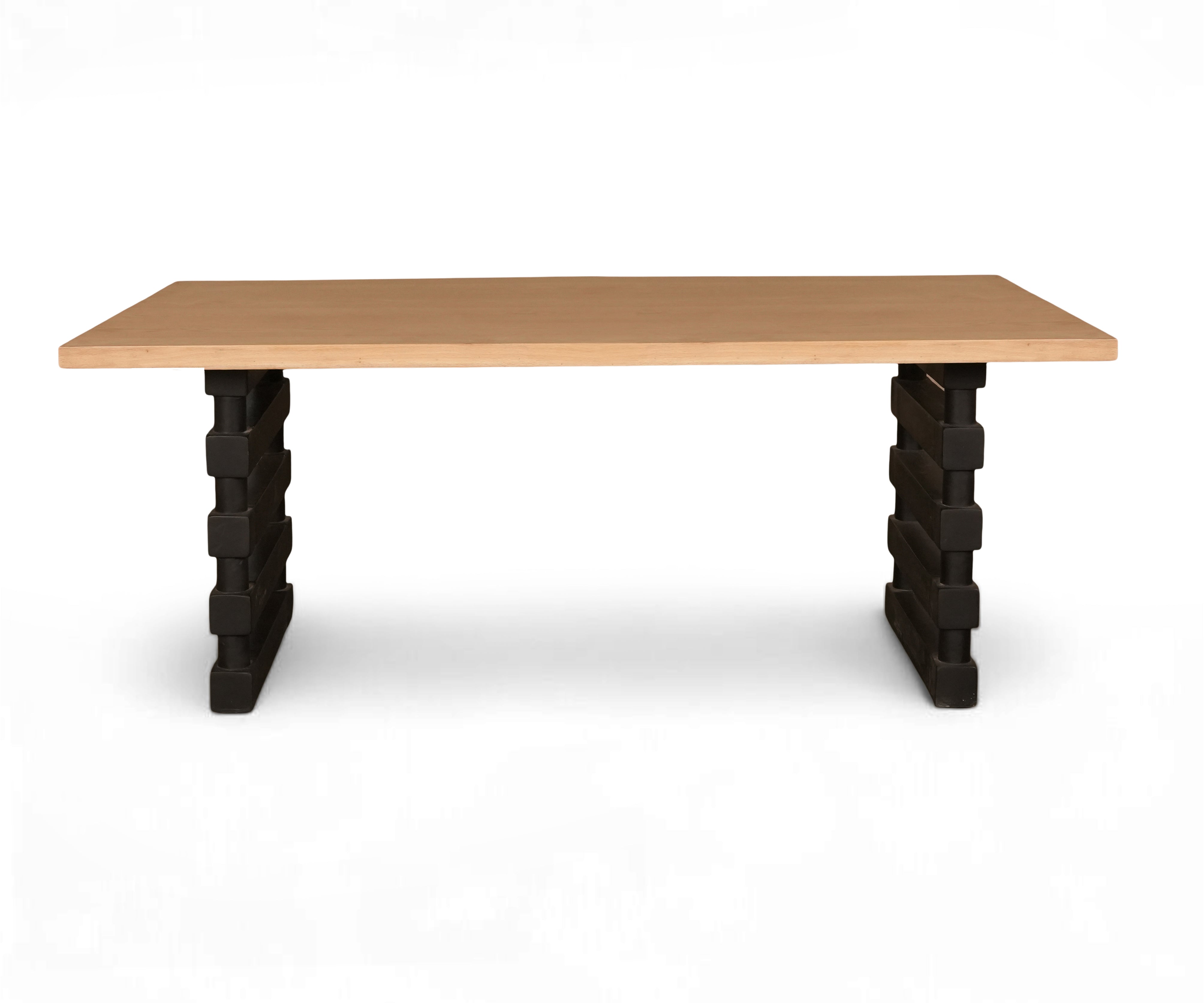 Natural Wood Dining Table with Black Sculptural Pedestal Base
