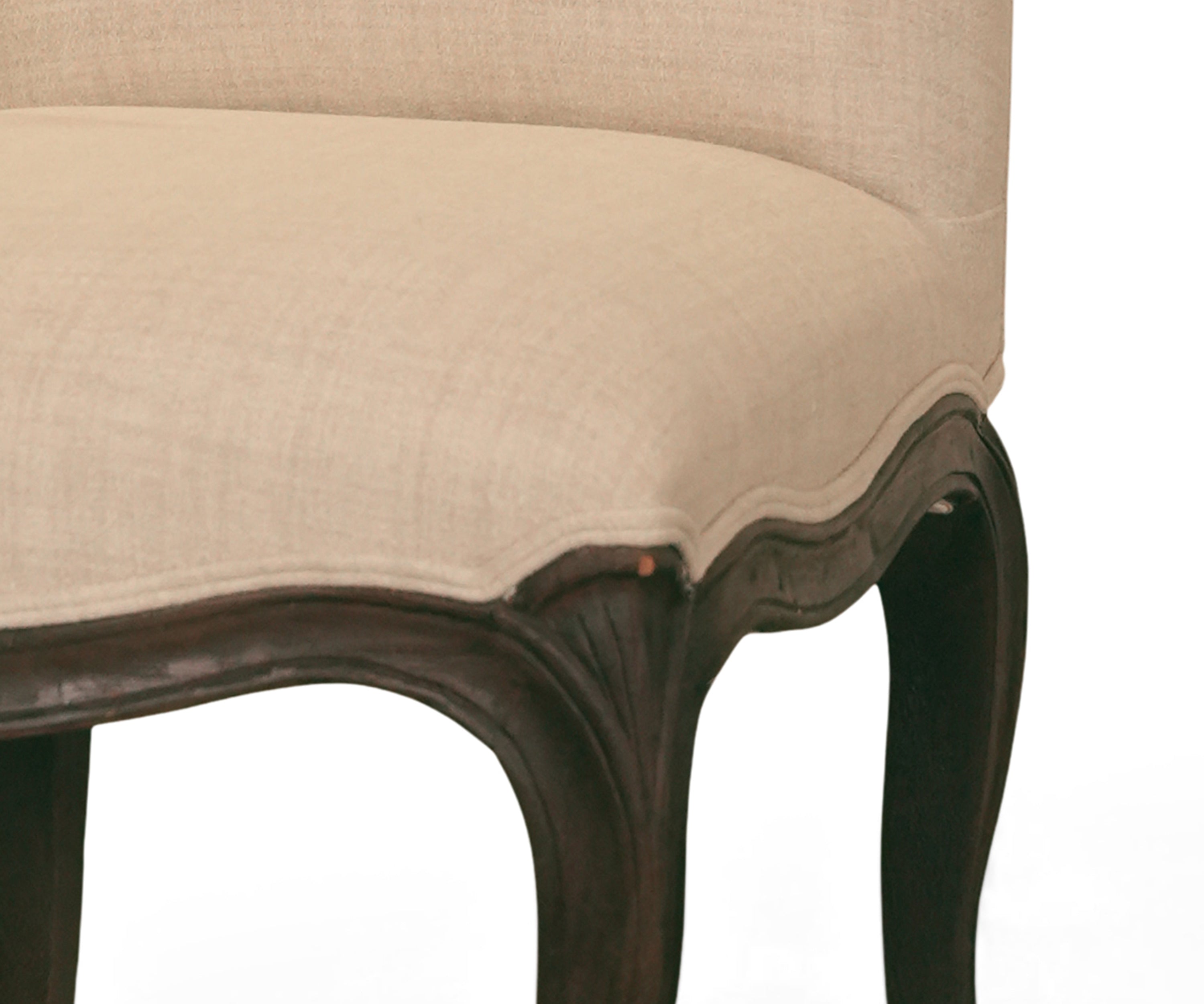 Beige French Cabriole High-Back Dining Chair with Dark Wood Frame