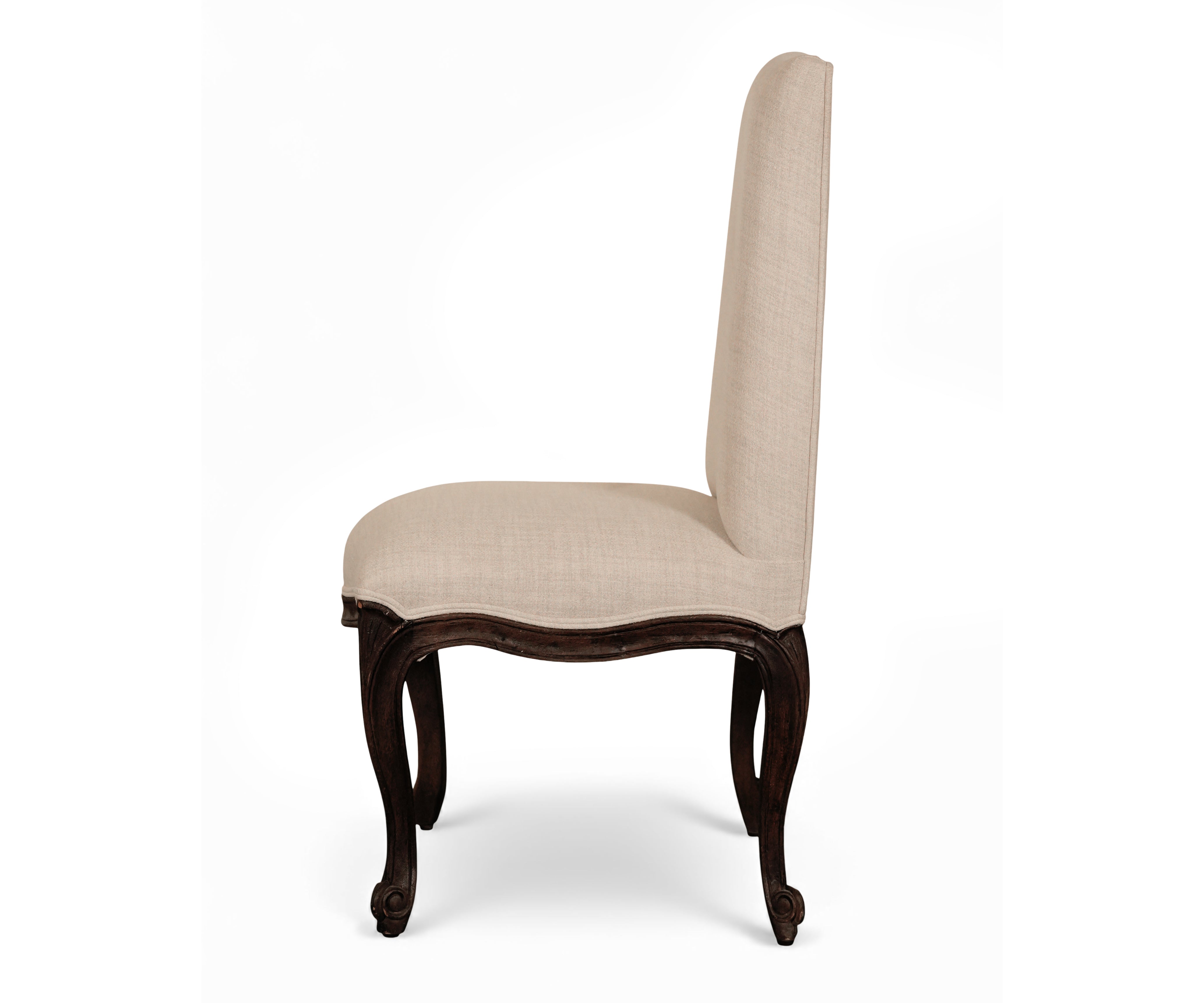 Beige French Cabriole High-Back Dining Chair with Dark Wood Frame