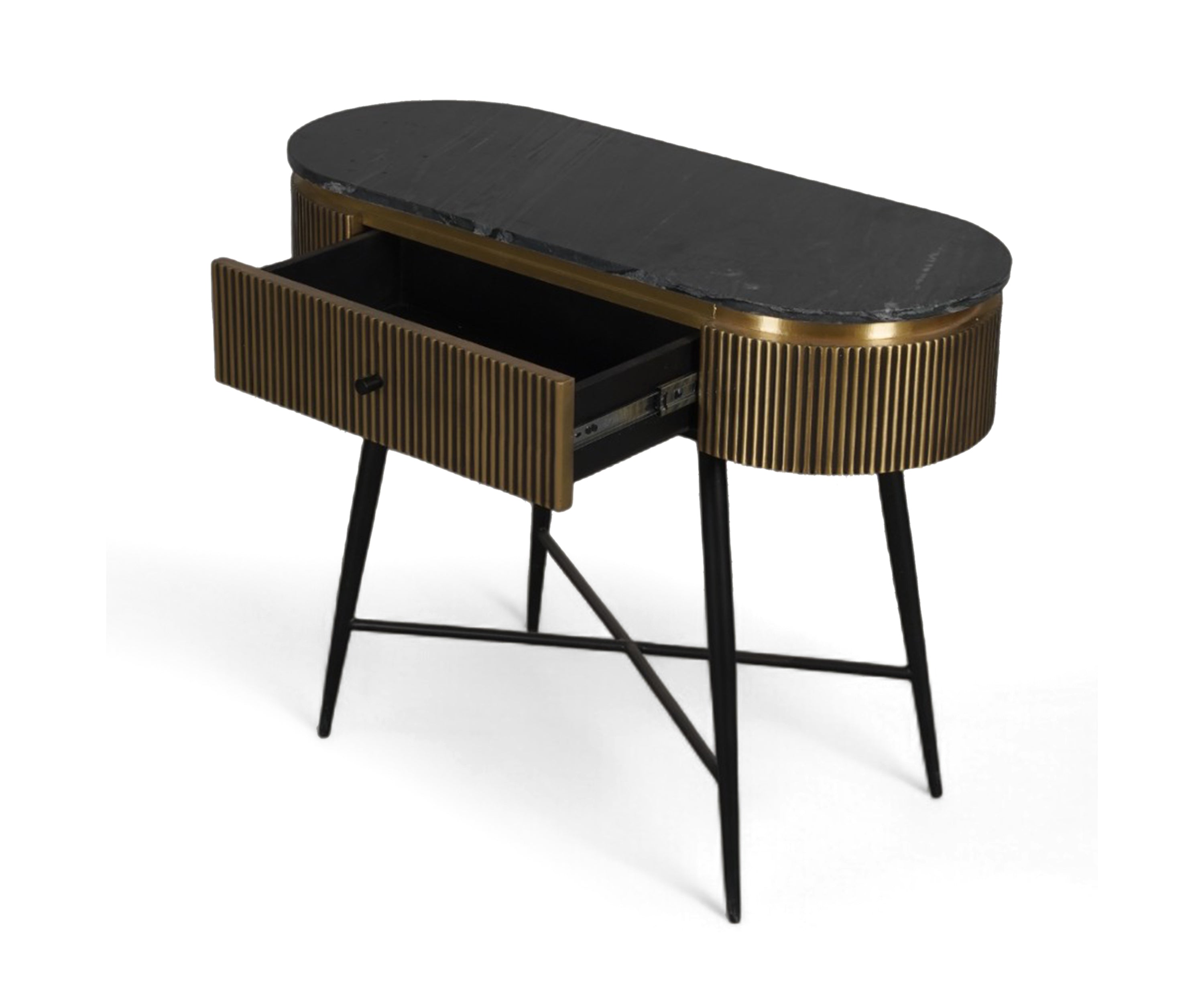 Brown Acacia Wood Console Table with Marble Top and Brass Details