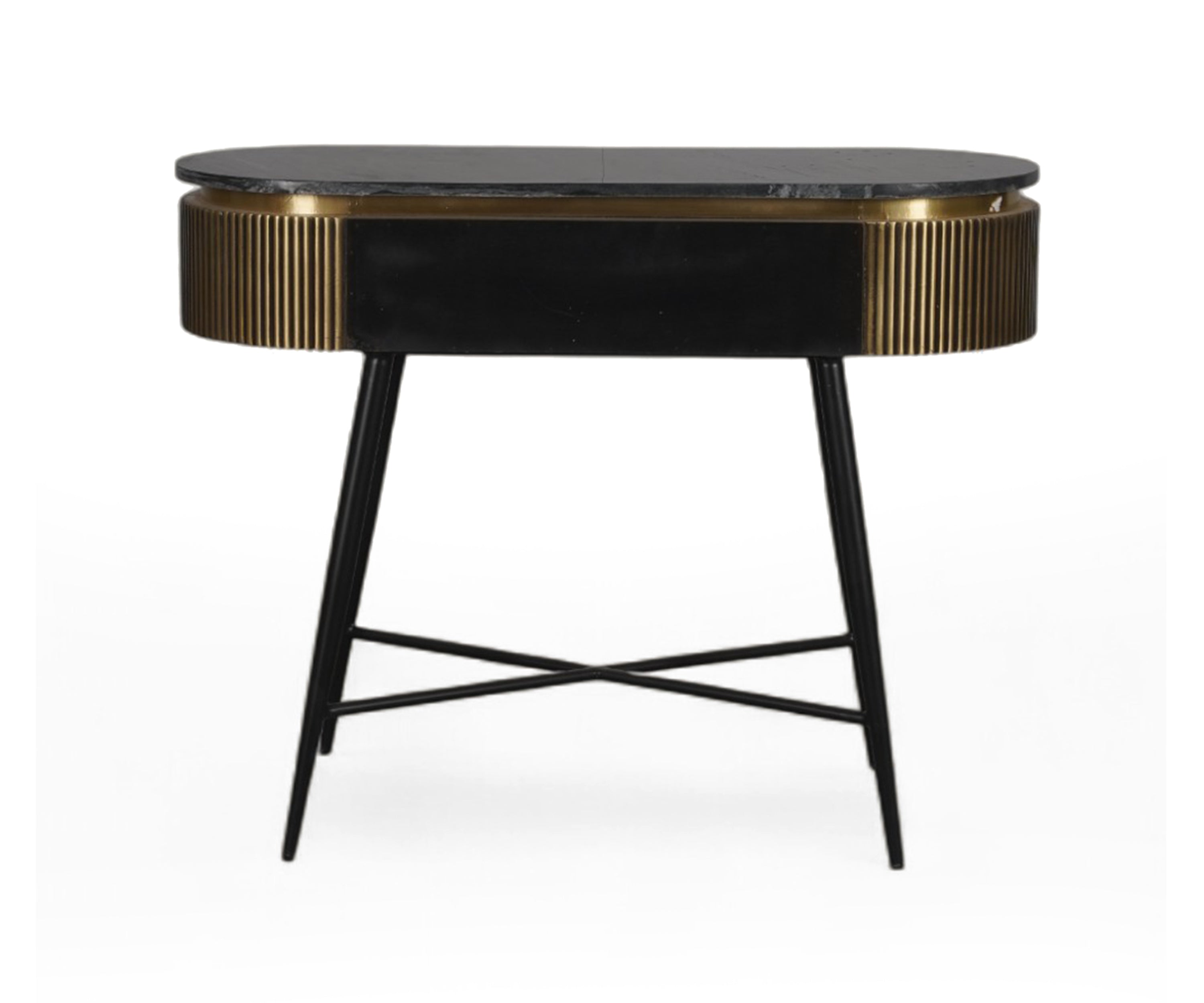 Brown Acacia Wood Console Table with Marble Top and Brass Details