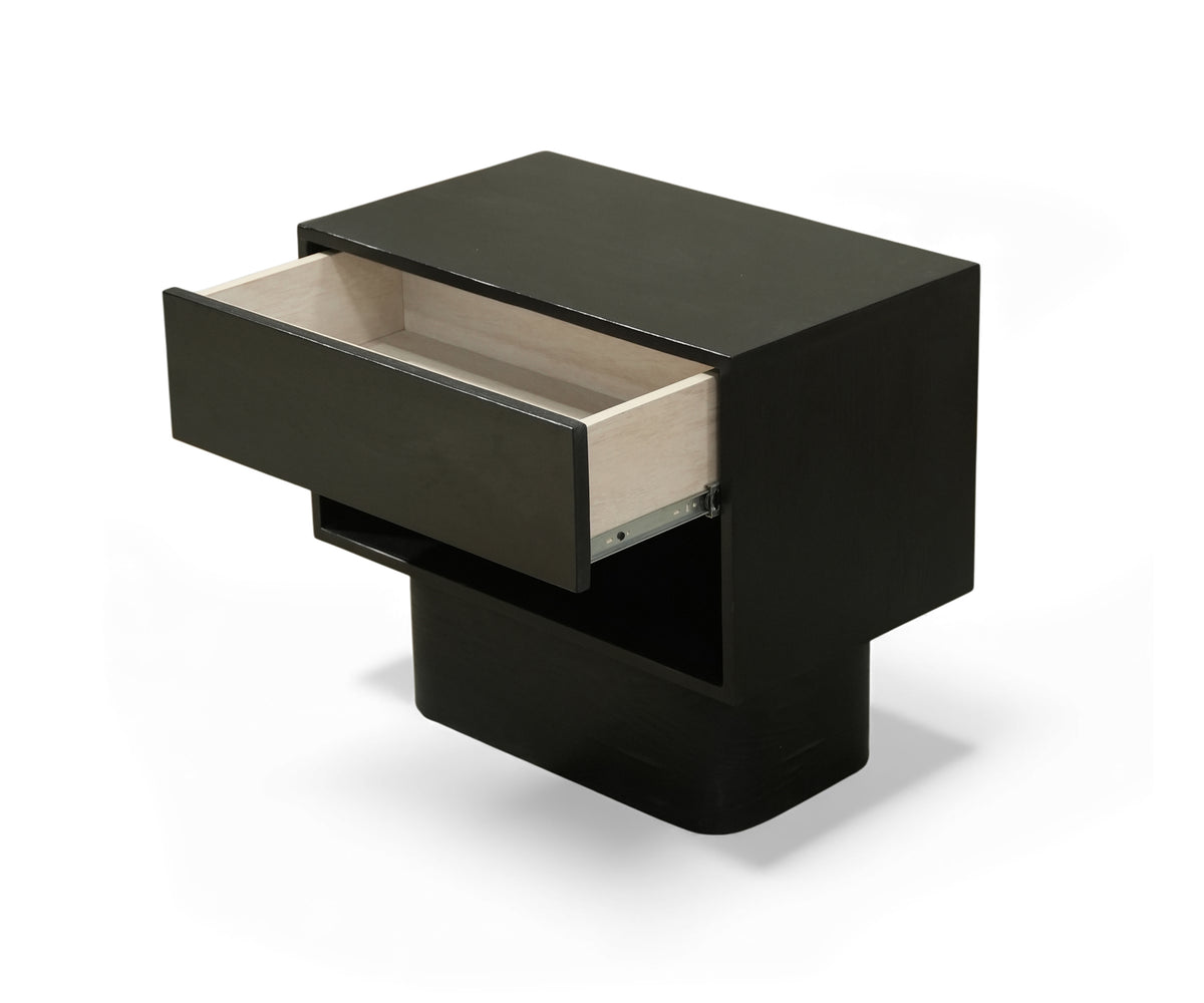Black Pedestal Bed Side Table with Drawer and Open Shelf