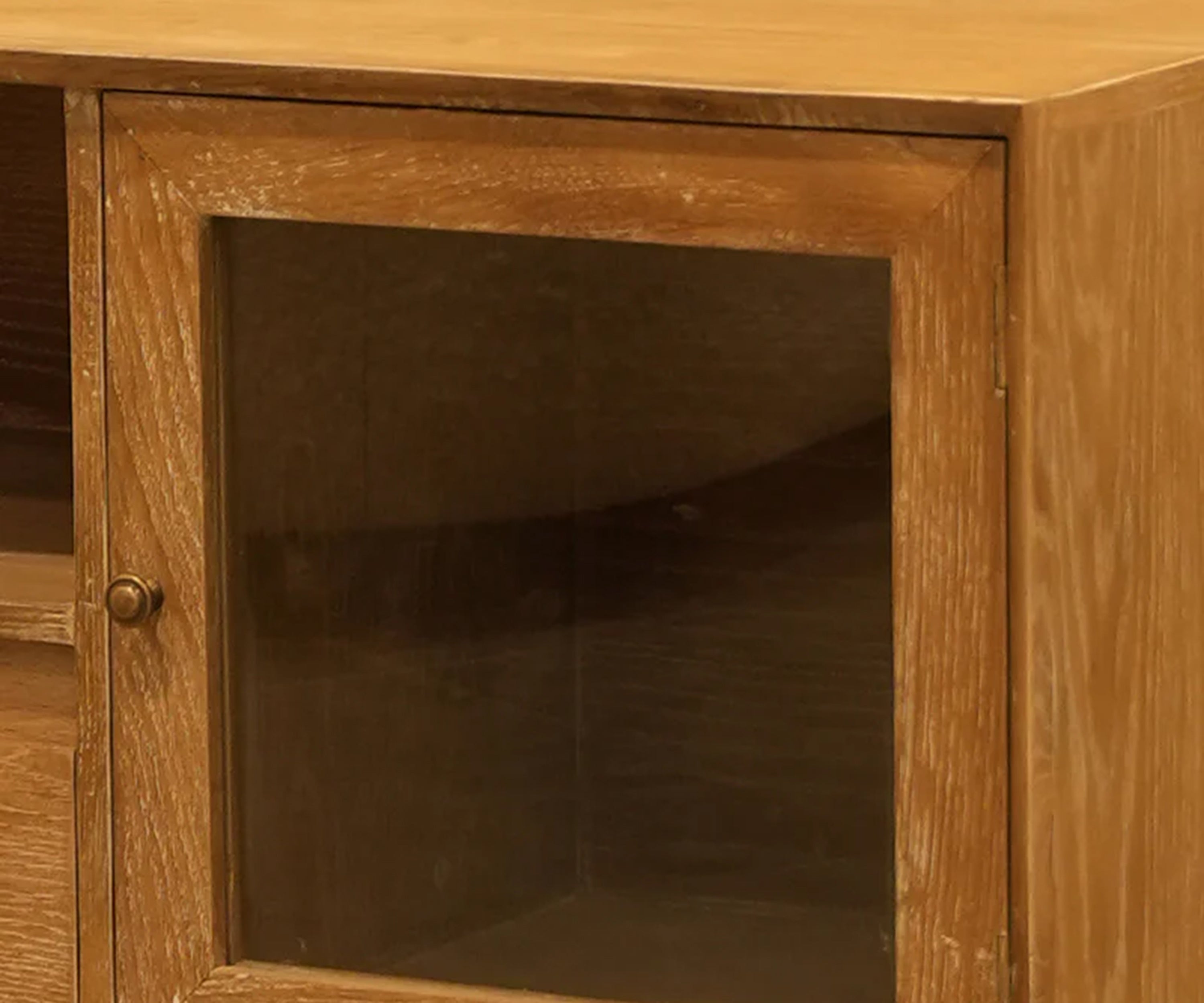 Mid-Century Oak TV Unit with Glass Cabinets and Storage Drawer