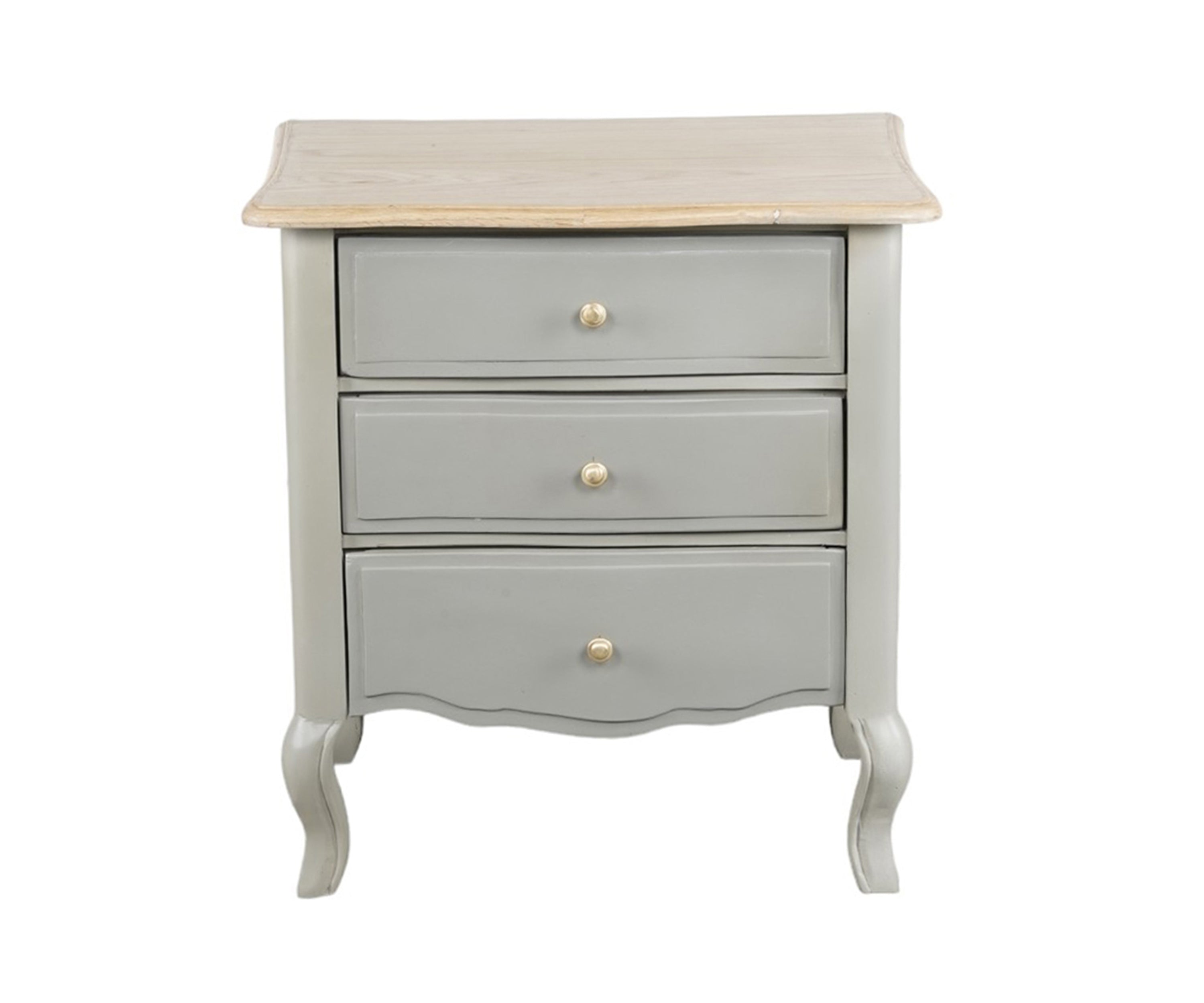 Grey French Style 3-Drawer Bedside Table with Natural Wooden Top