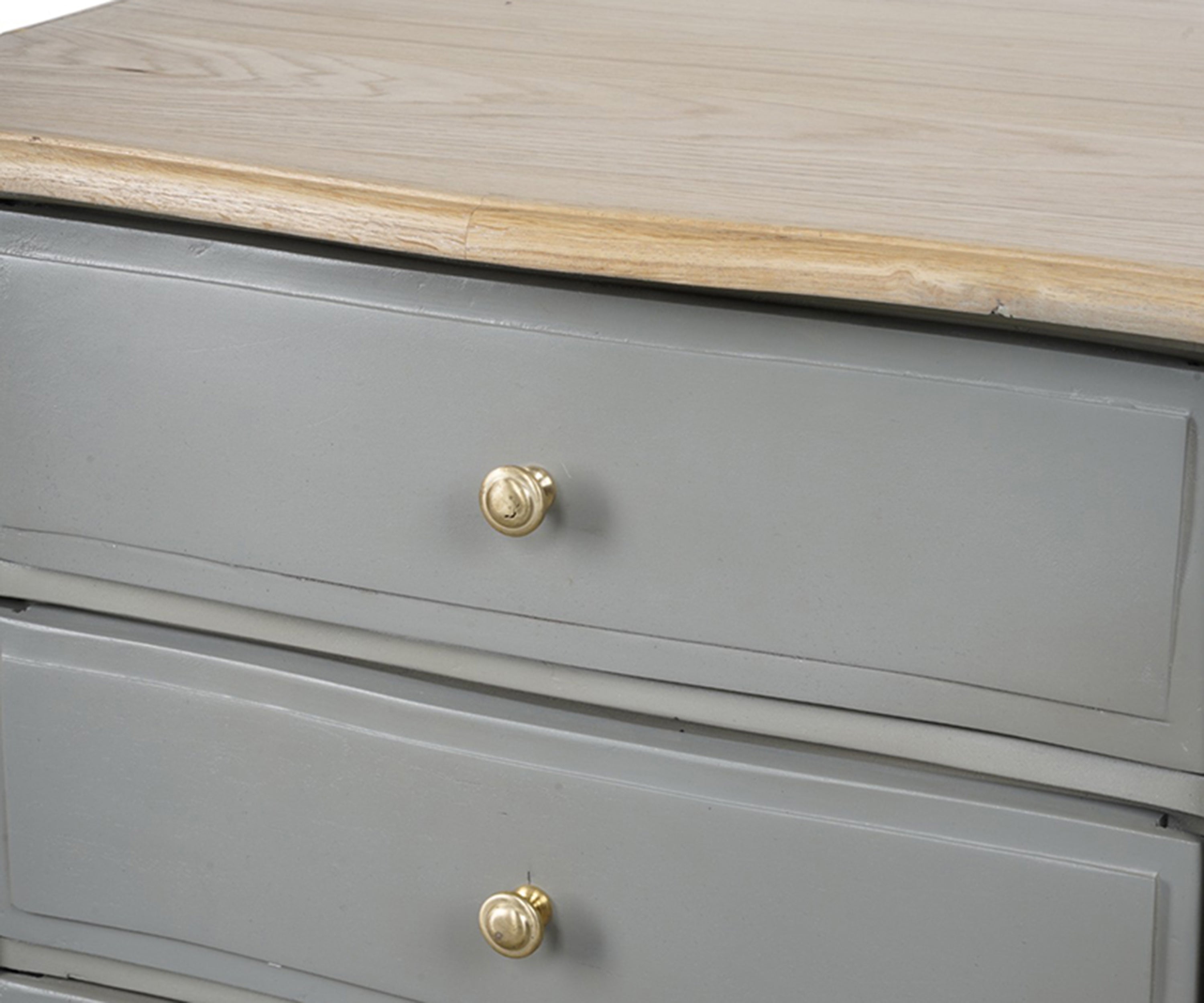 Grey French Style 3-Drawer Bedside Table with Natural Wooden Top