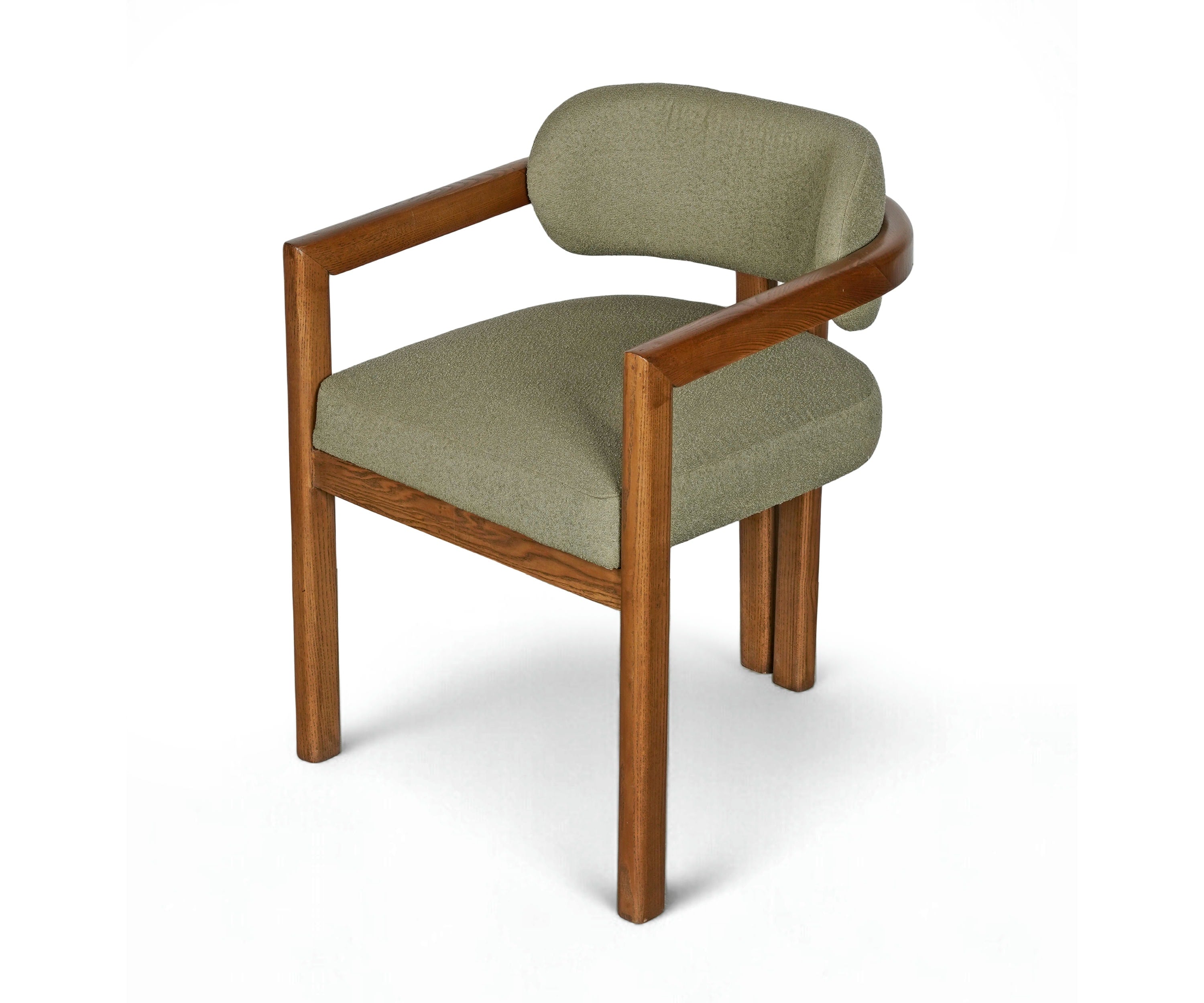 Mid-Century Olive Green Boucle Acacia Wood Dining Armchair