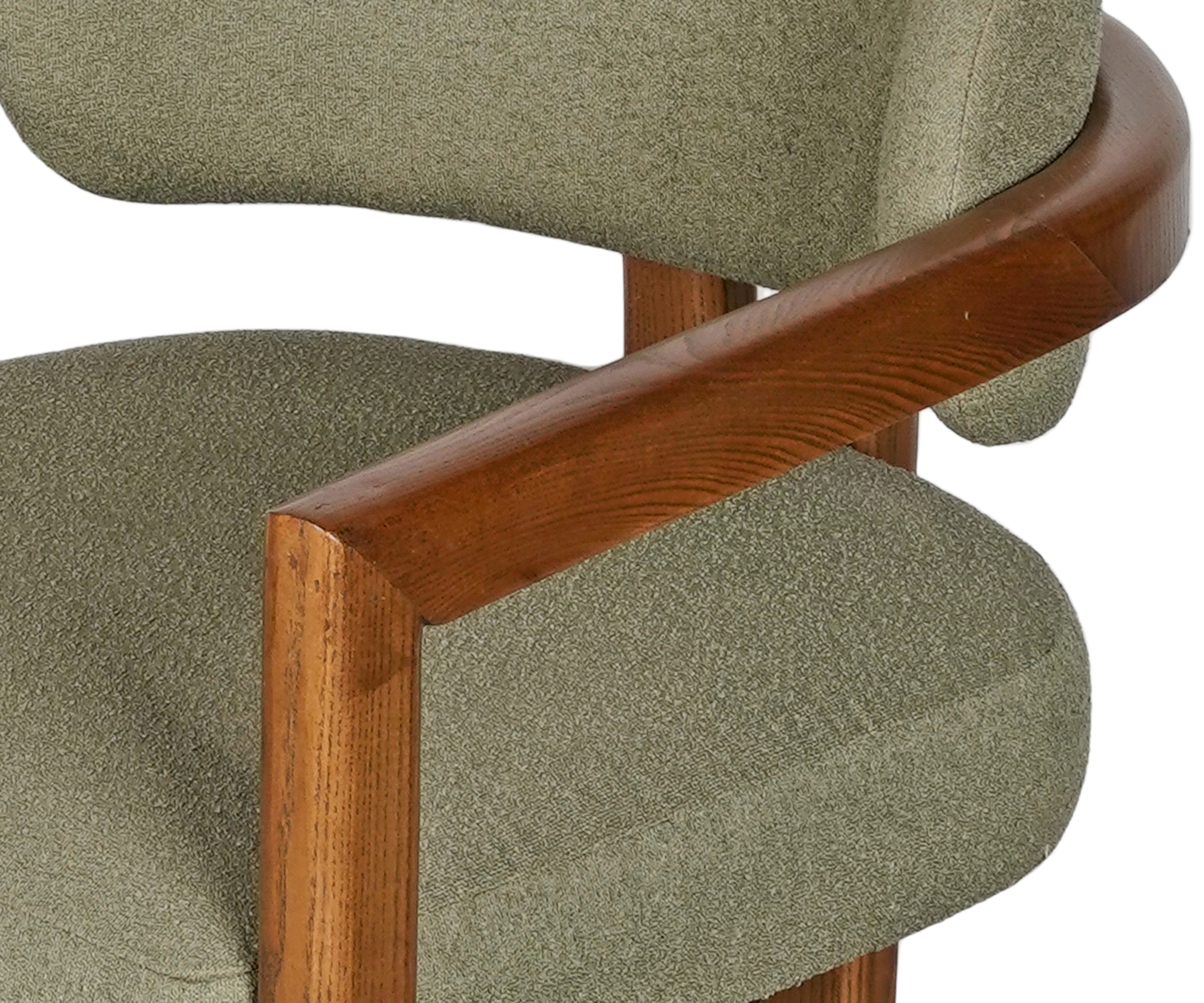 Mid-Century Olive Green Boucle Acacia Wood Dining Armchair