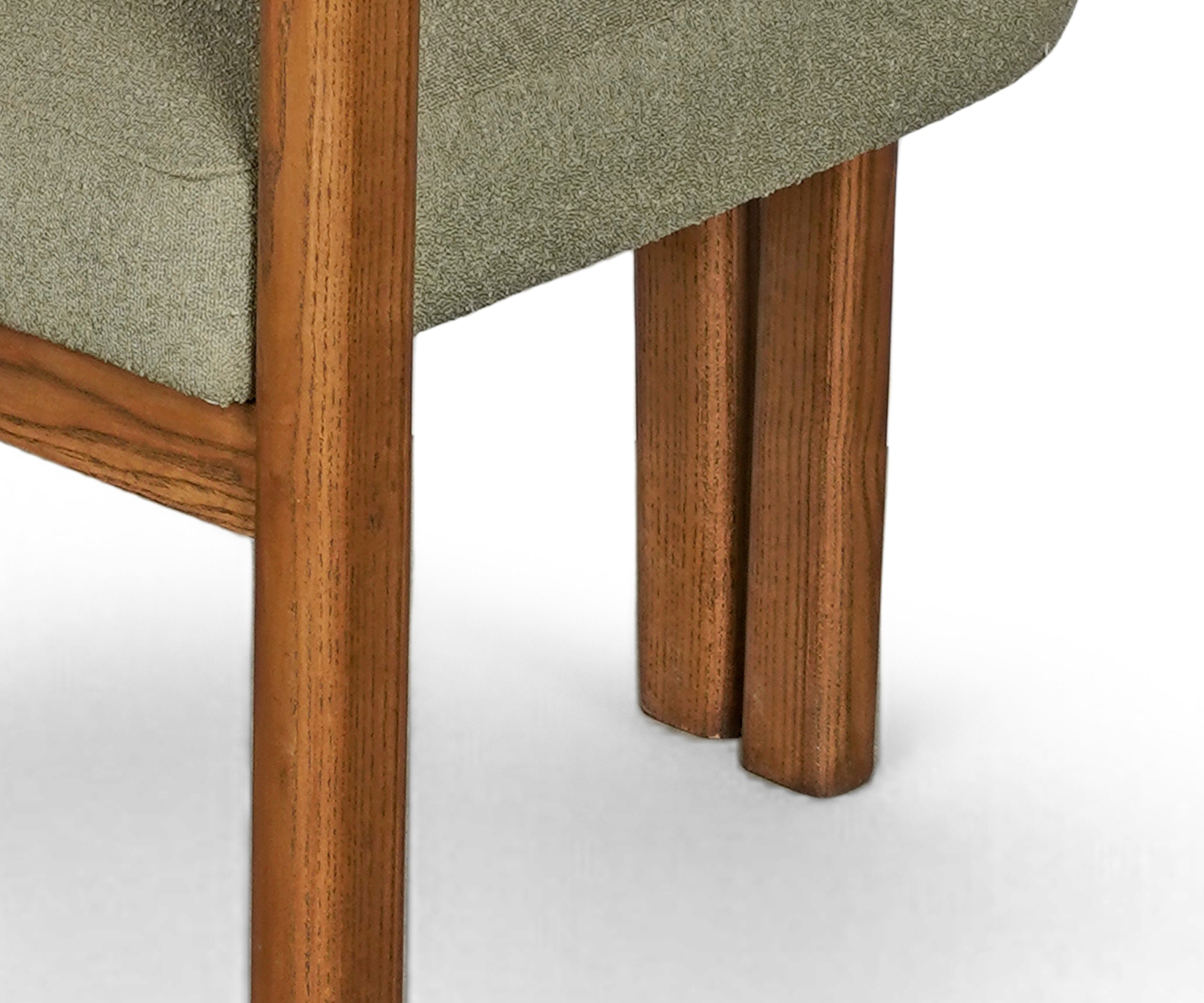 Mid-Century Olive Green Boucle Acacia Wood Dining Armchair
