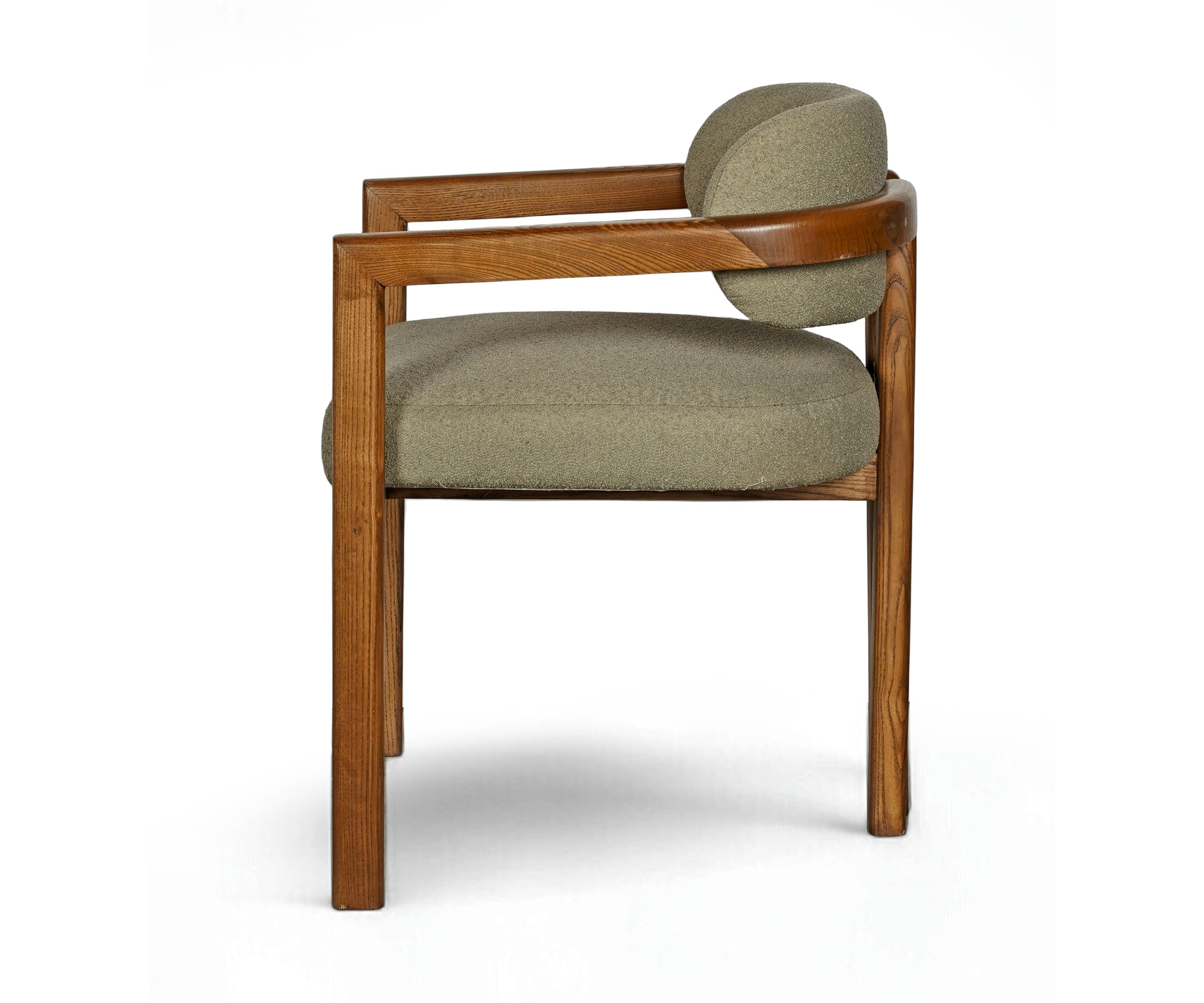 Mid-Century Olive Green Boucle Acacia Wood Dining Armchair