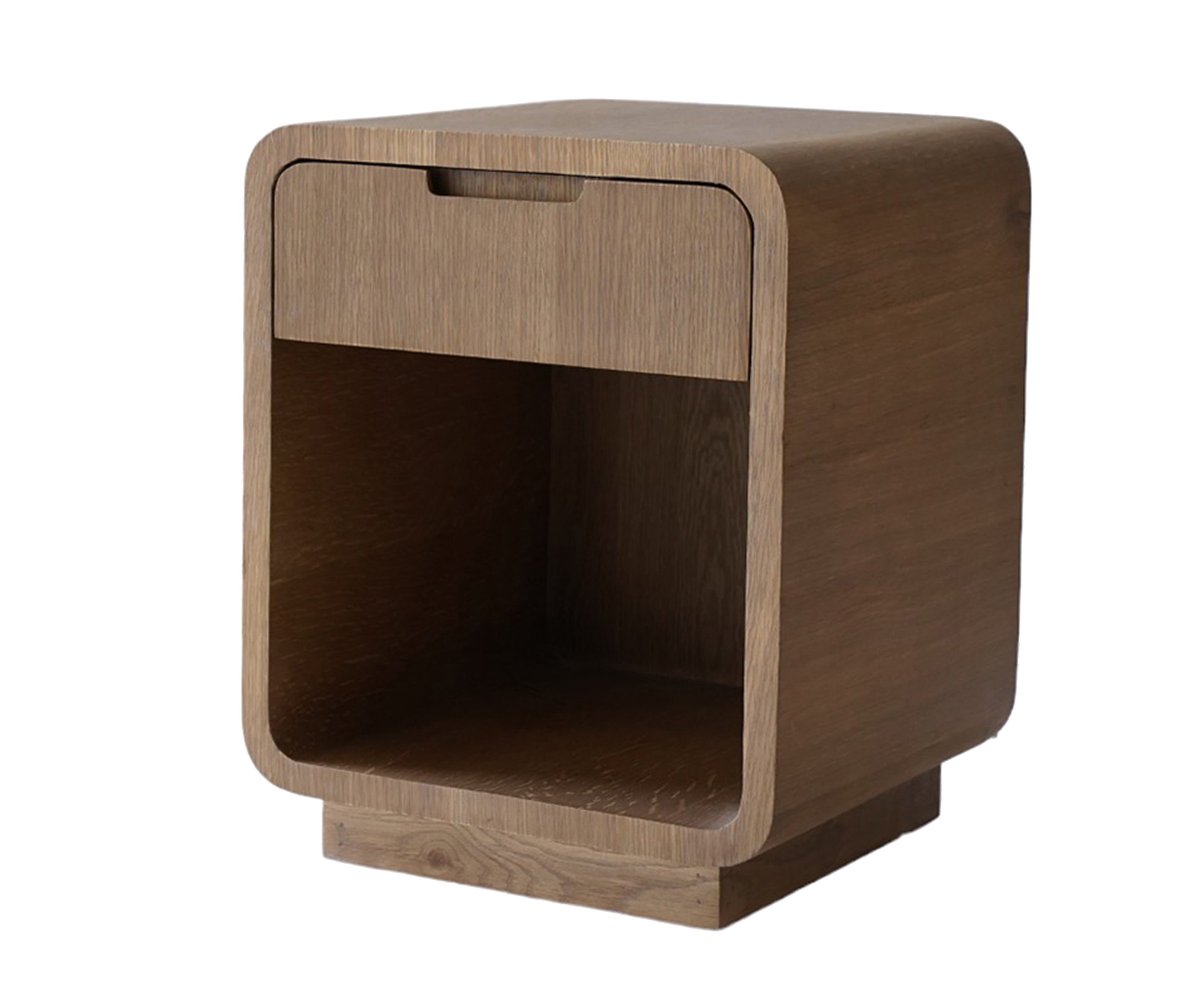Modern Walnut Oak Curved Nightstand with Recessed Pedestal