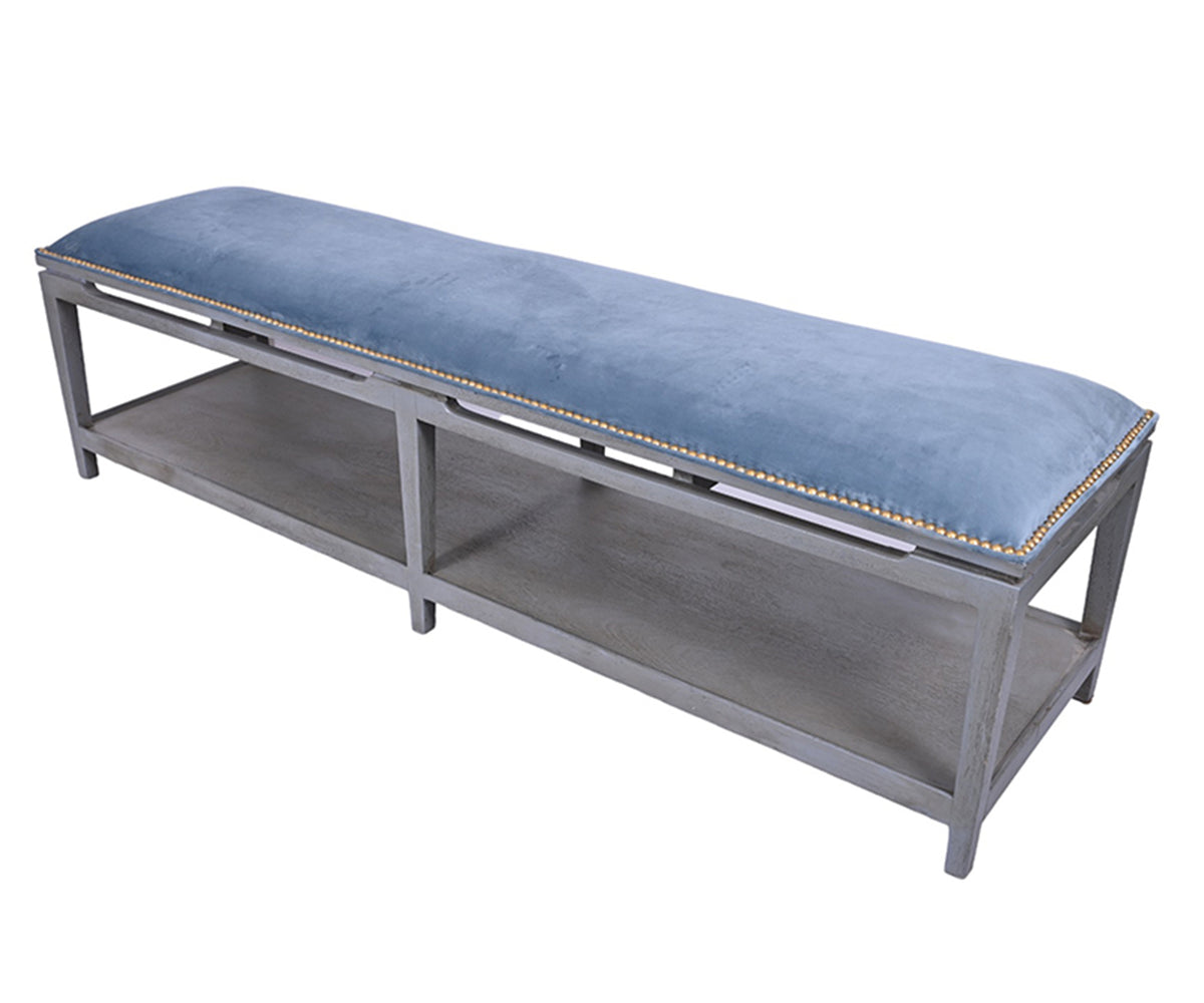 Grey Velvet Bench with Blue Upholstered Seat & Brass Nailhead Trim