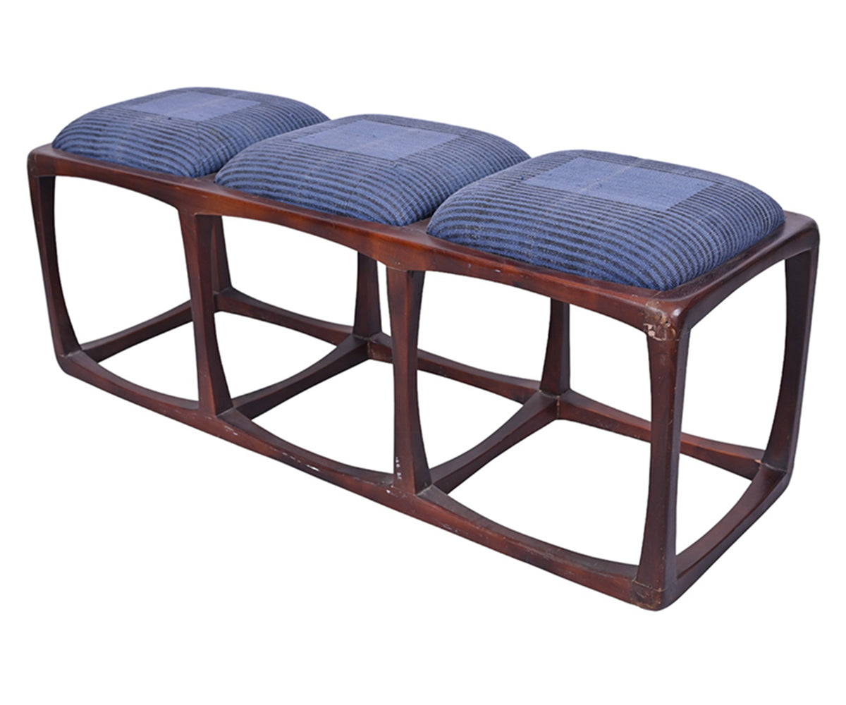 Mid-Century Wooden Bench with Three Blue Upholstered Seats