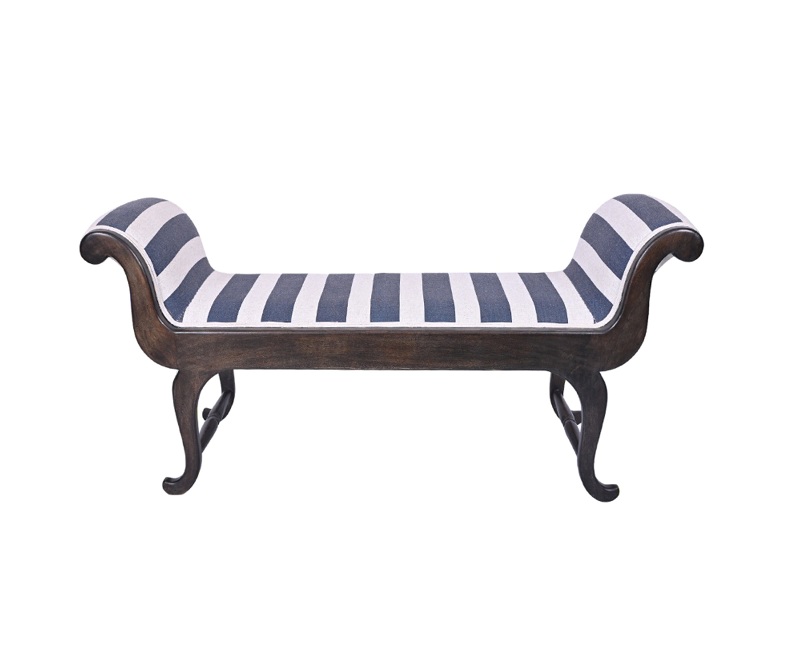 Blue Striped Cushioned Wooden Bench with Solid Wood Frame
