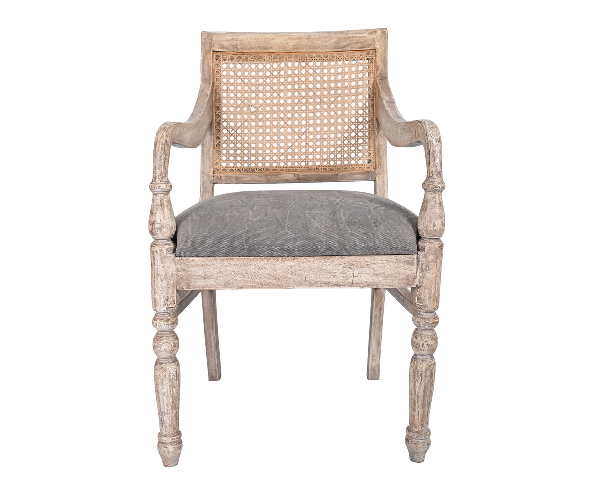 Cane Back Wooden Arm Chair with Baluster-Turned Legs