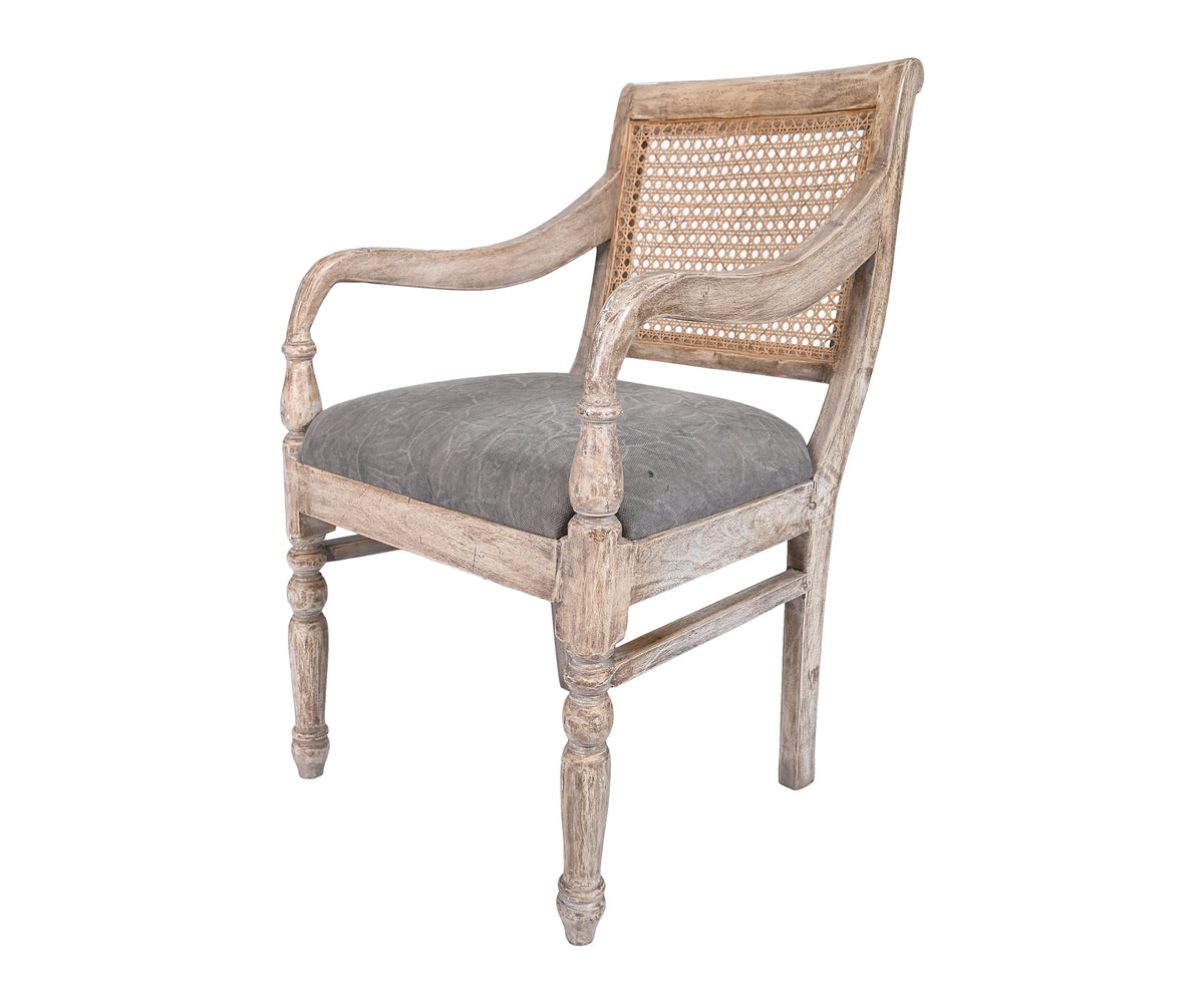 Cane Back Wooden Arm Chair with Baluster-Turned Legs