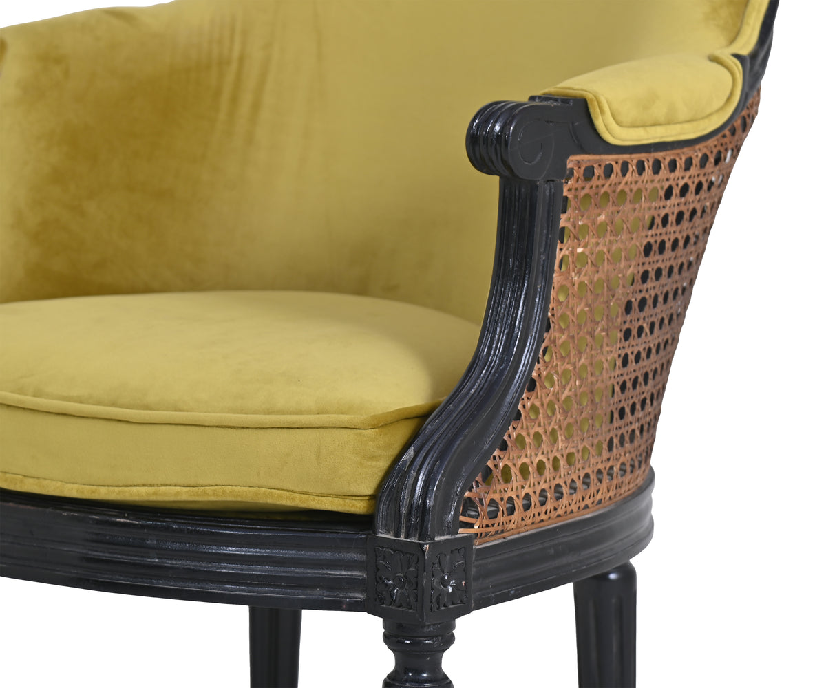Velvet Cane Armchair with Upholstered Seat and Back