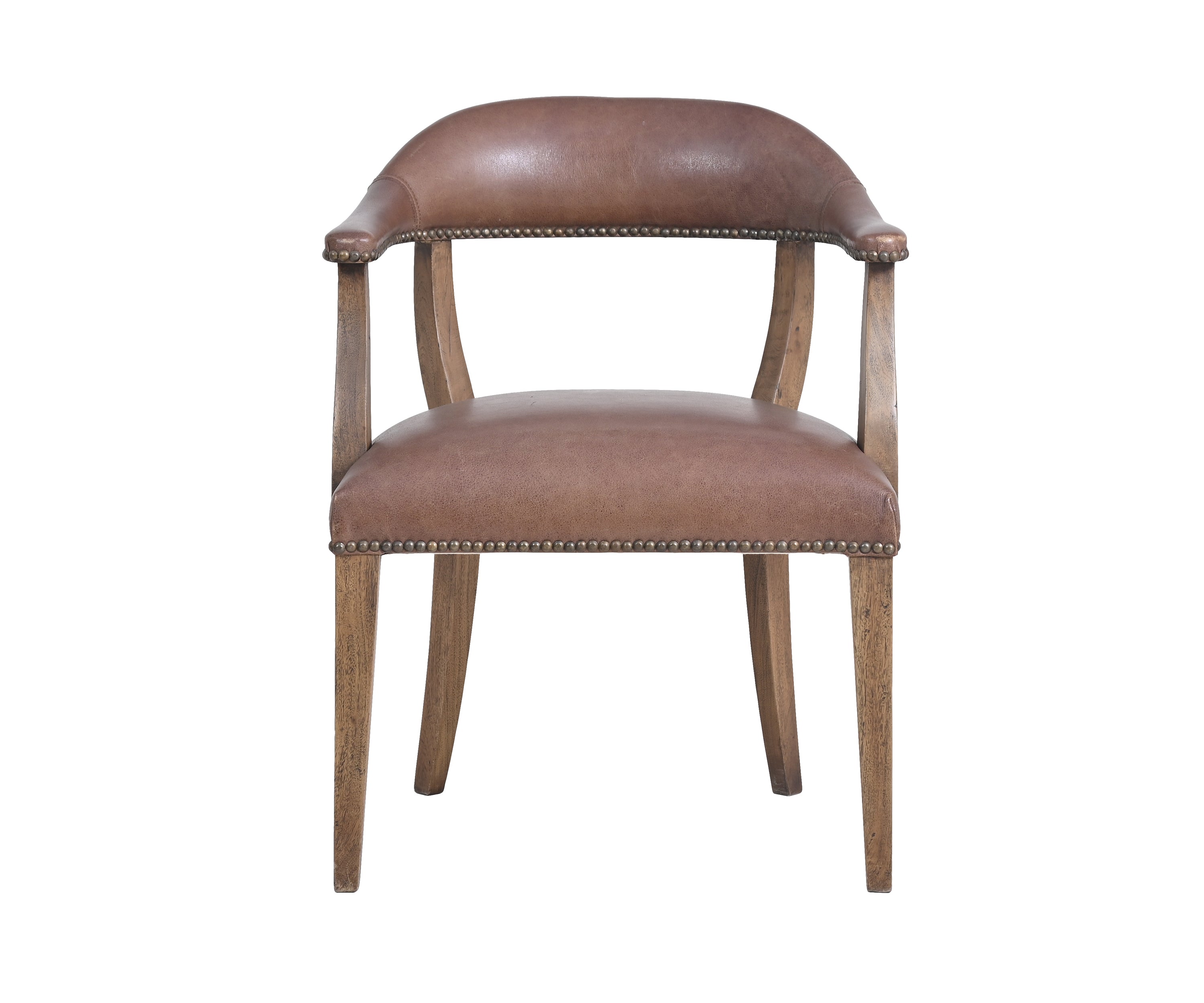 Brown Leather Armchair with Brass Nailhead Trim