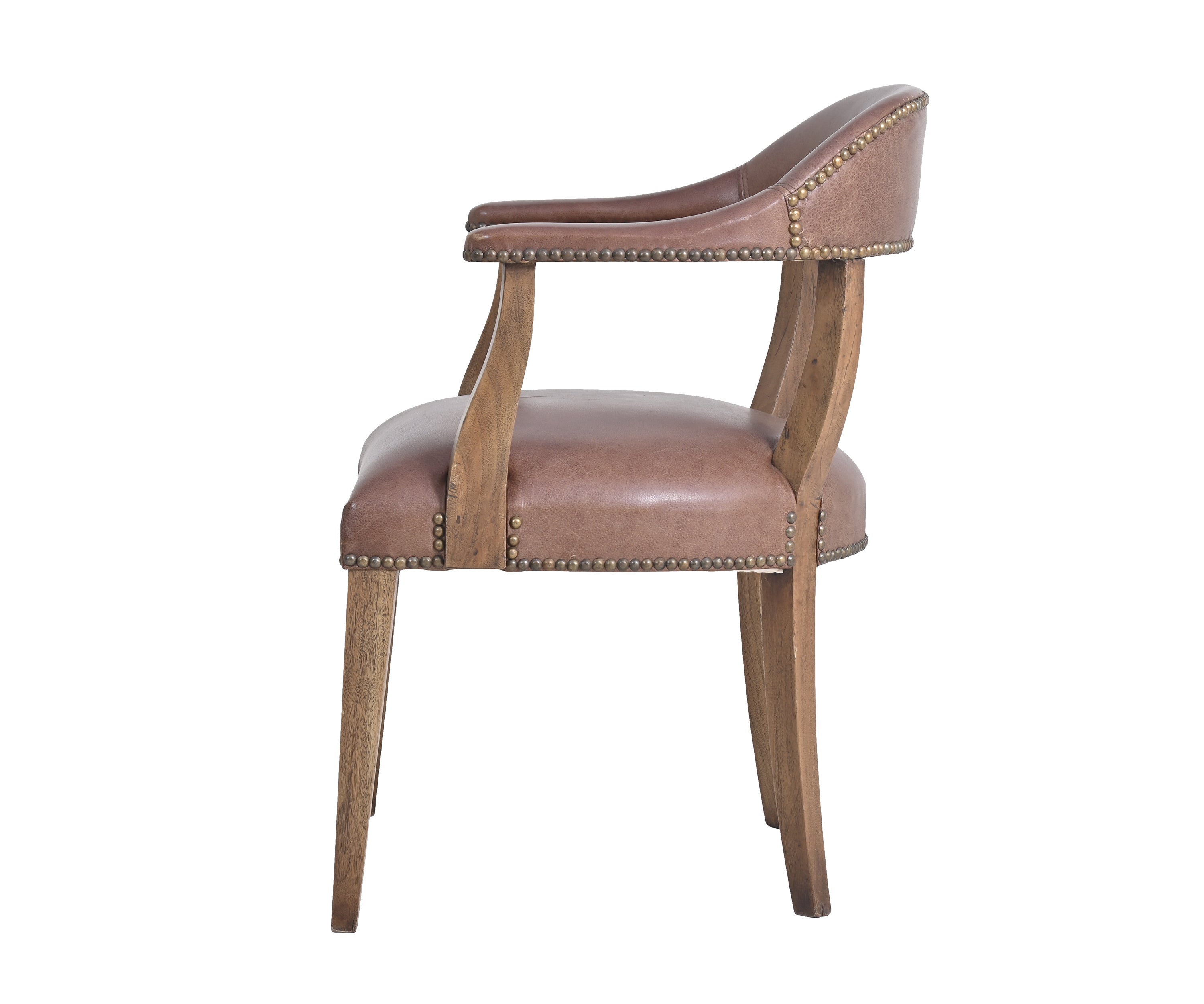 Brown Leather Armchair with Brass Nailhead Trim