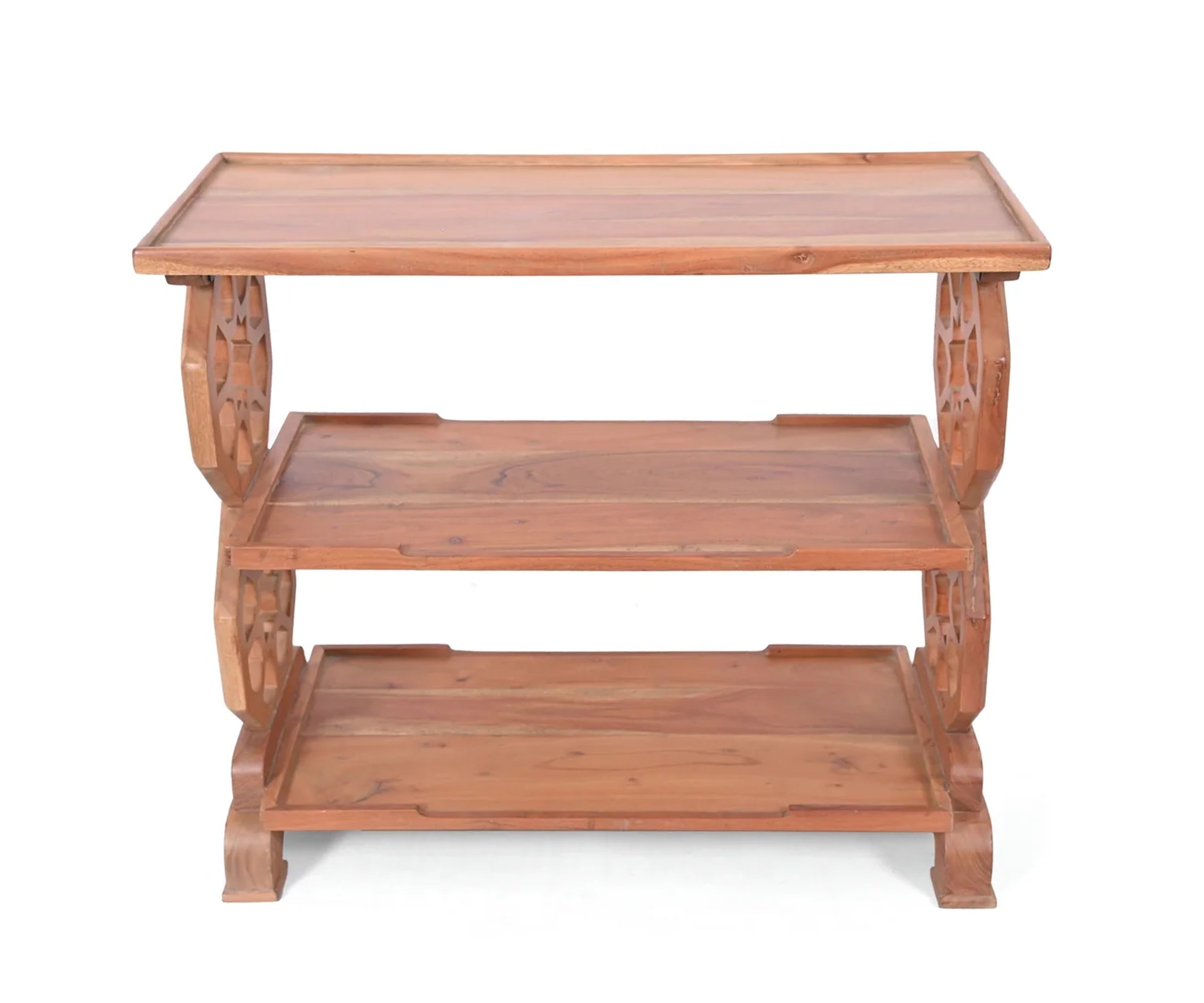 Solid Wood 3 Tier Console Shelf with Carved Geometric Side Panels