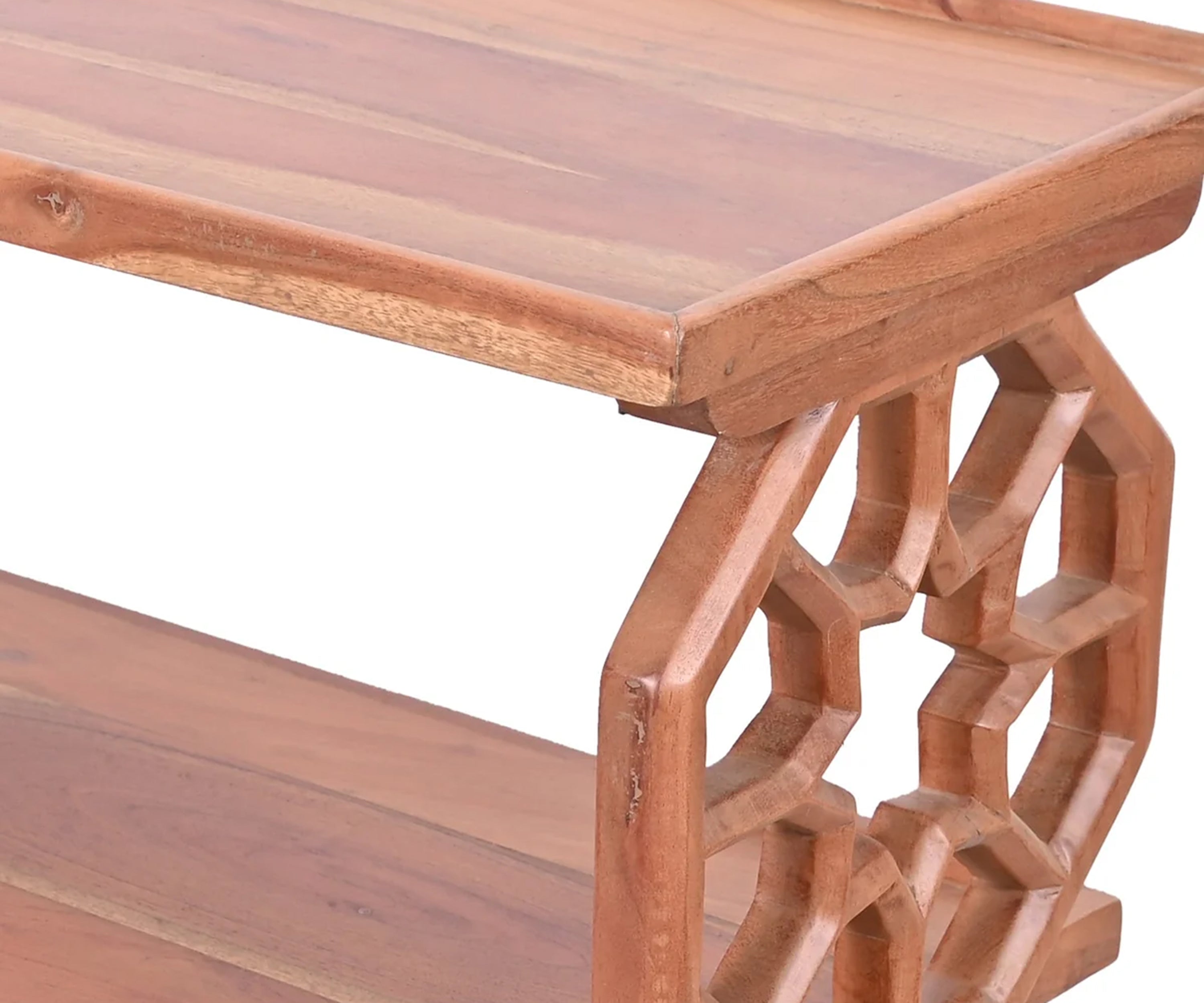 Solid Wood 3 Tier Console Shelf with Carved Geometric Side Panels