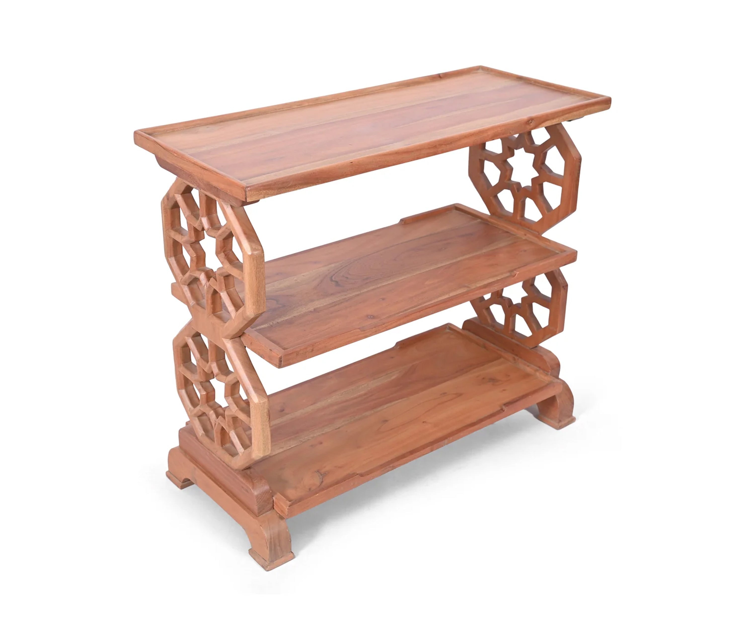 Solid Wood 3 Tier Console Shelf with Carved Geometric Side Panels