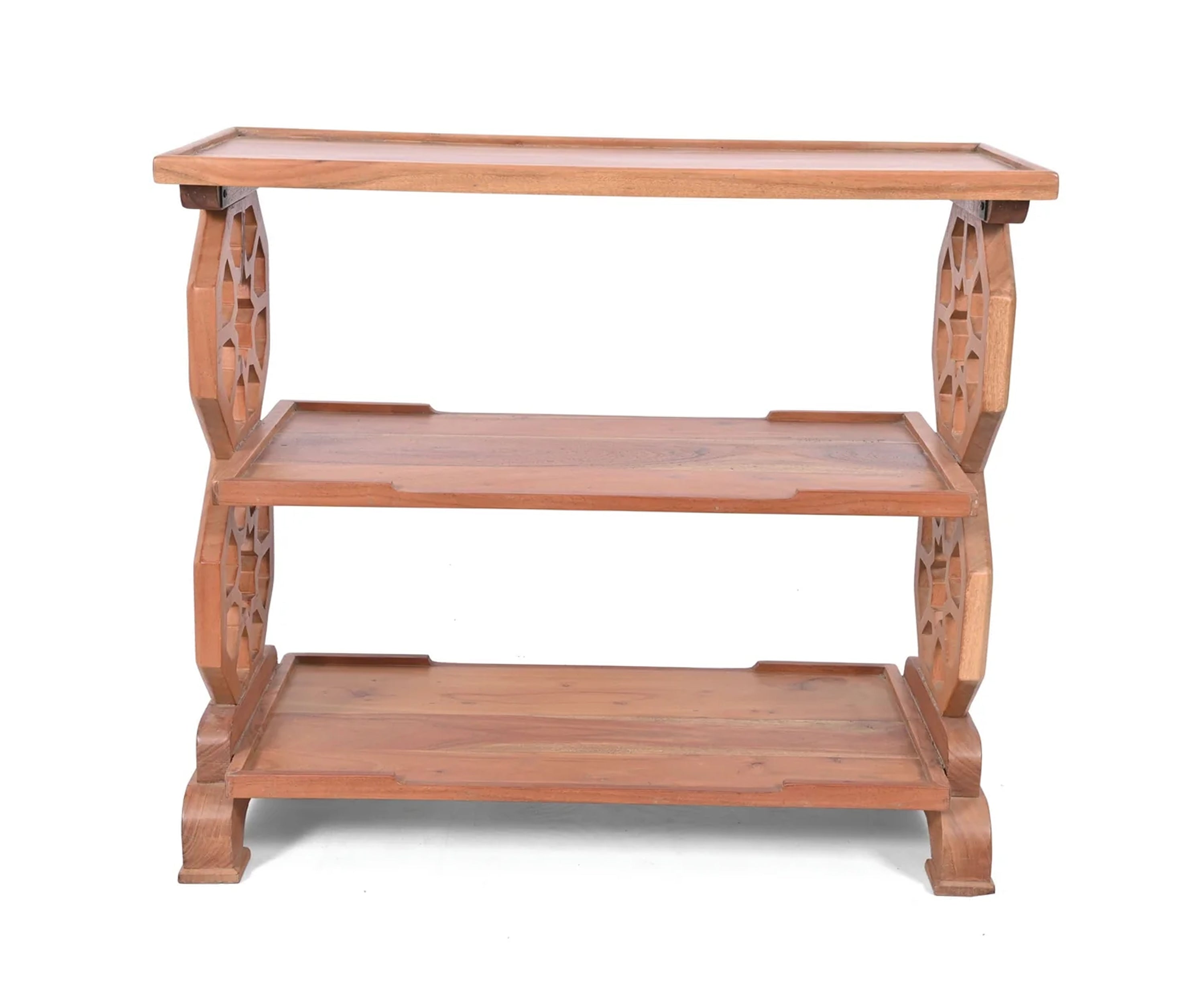 Solid Wood 3 Tier Console Shelf with Carved Geometric Side Panels