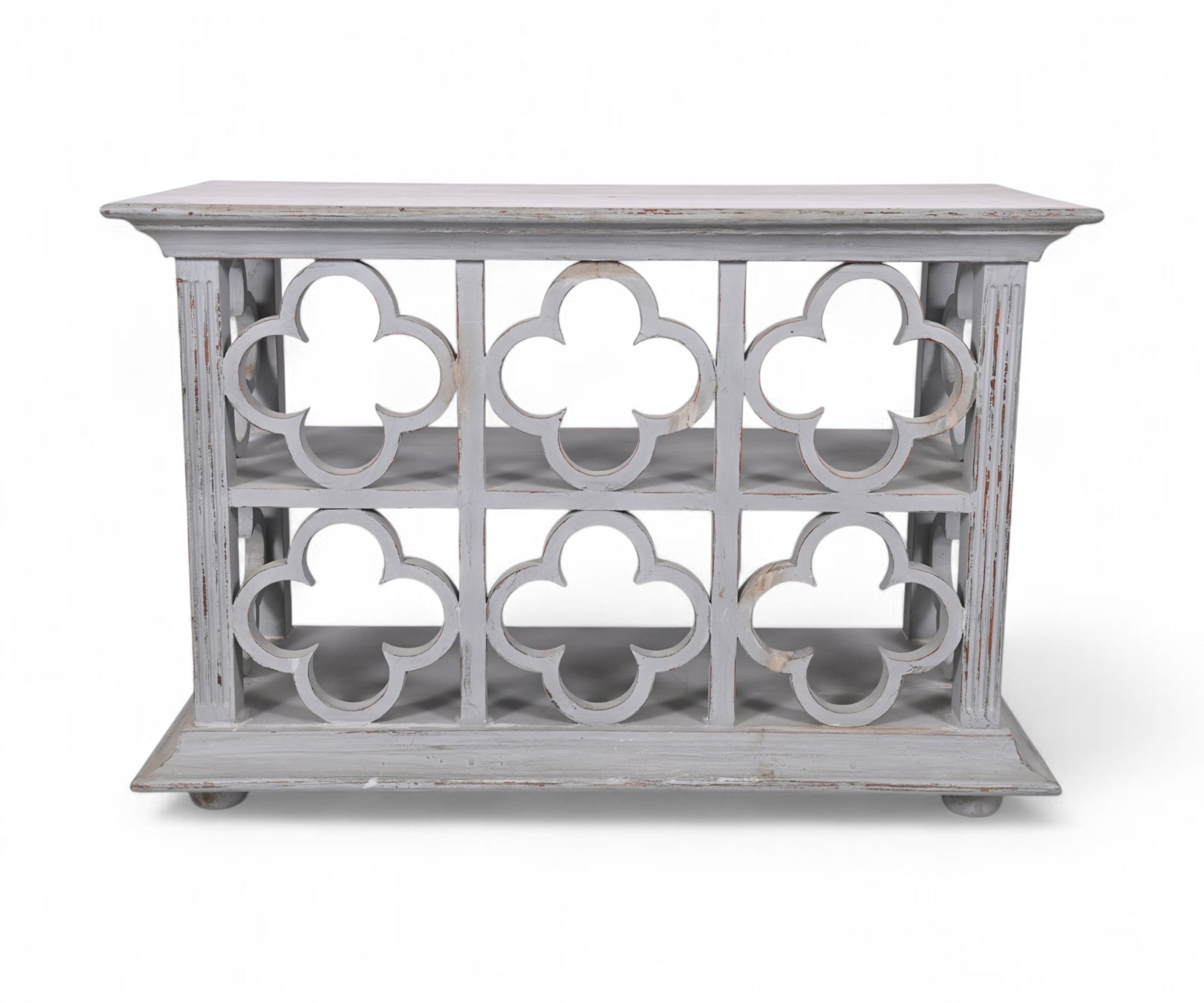 Distressed Grey Wooden Console Table with Decorative Fretwork and Open Shelves