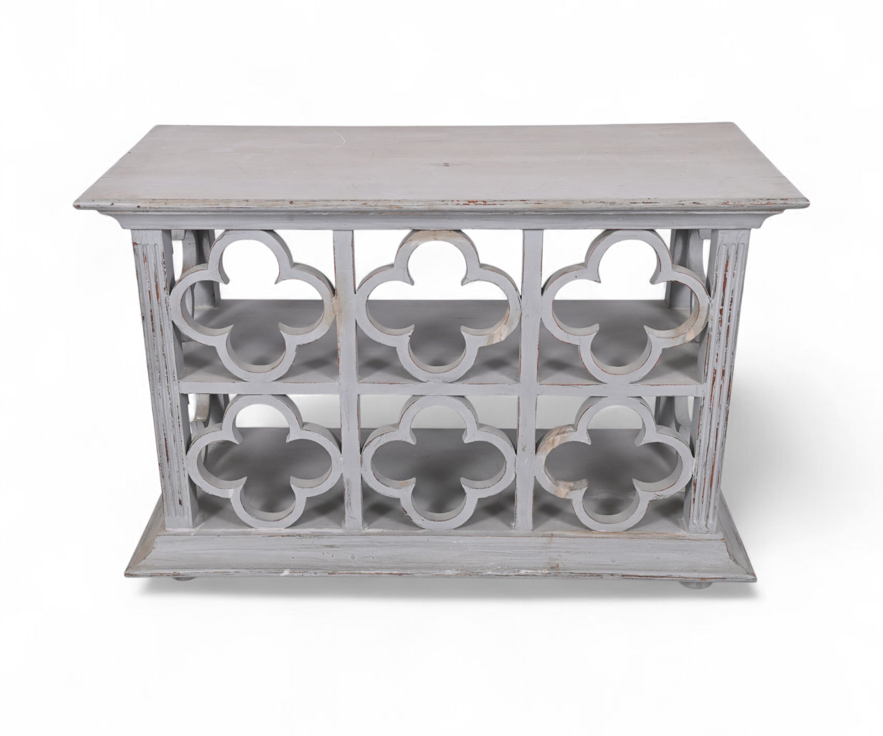 Distressed Grey Wooden Console Table with Decorative Fretwork and Open Shelves