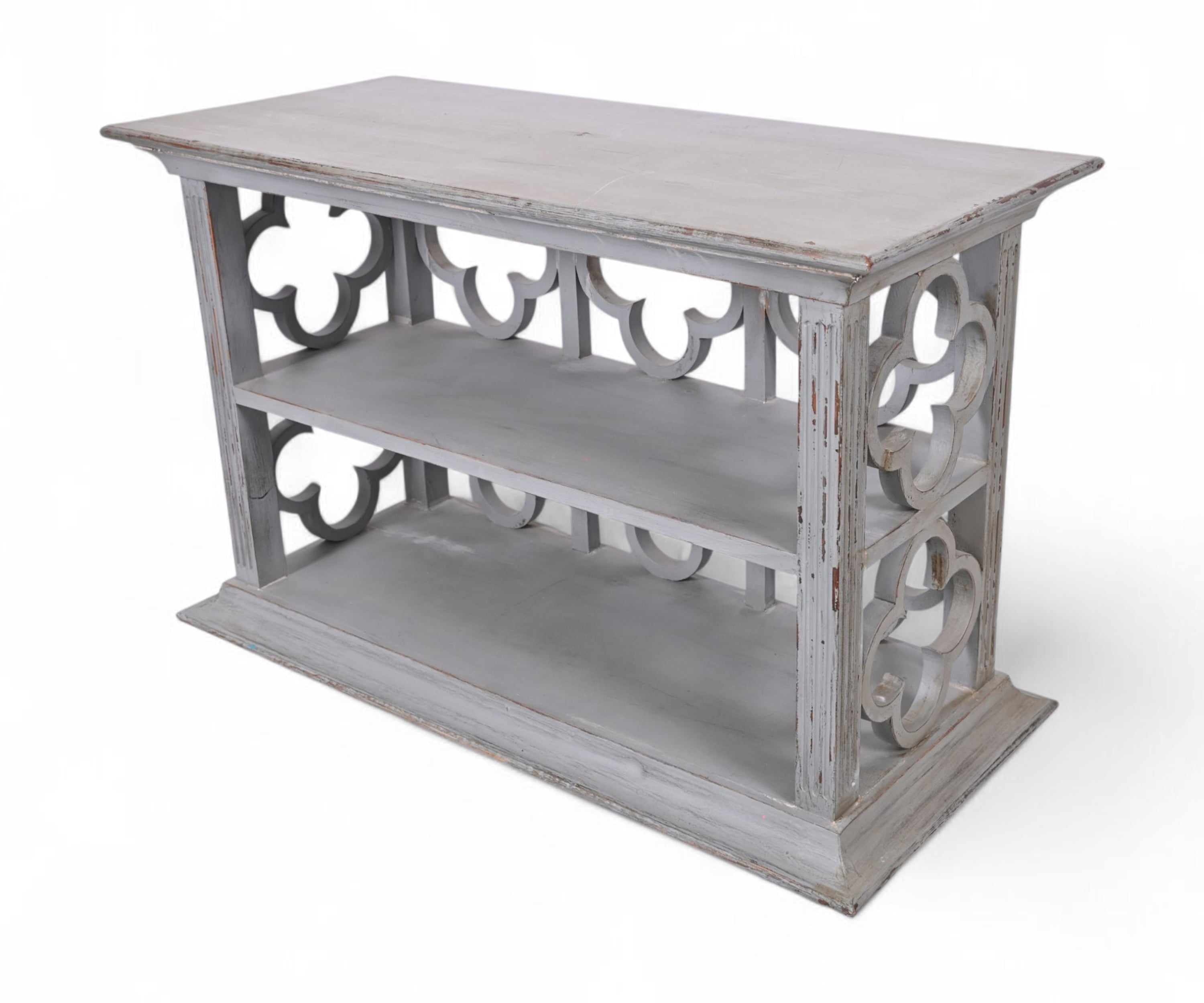 Distressed Grey Wooden Console Table with Decorative Fretwork and Open Shelves