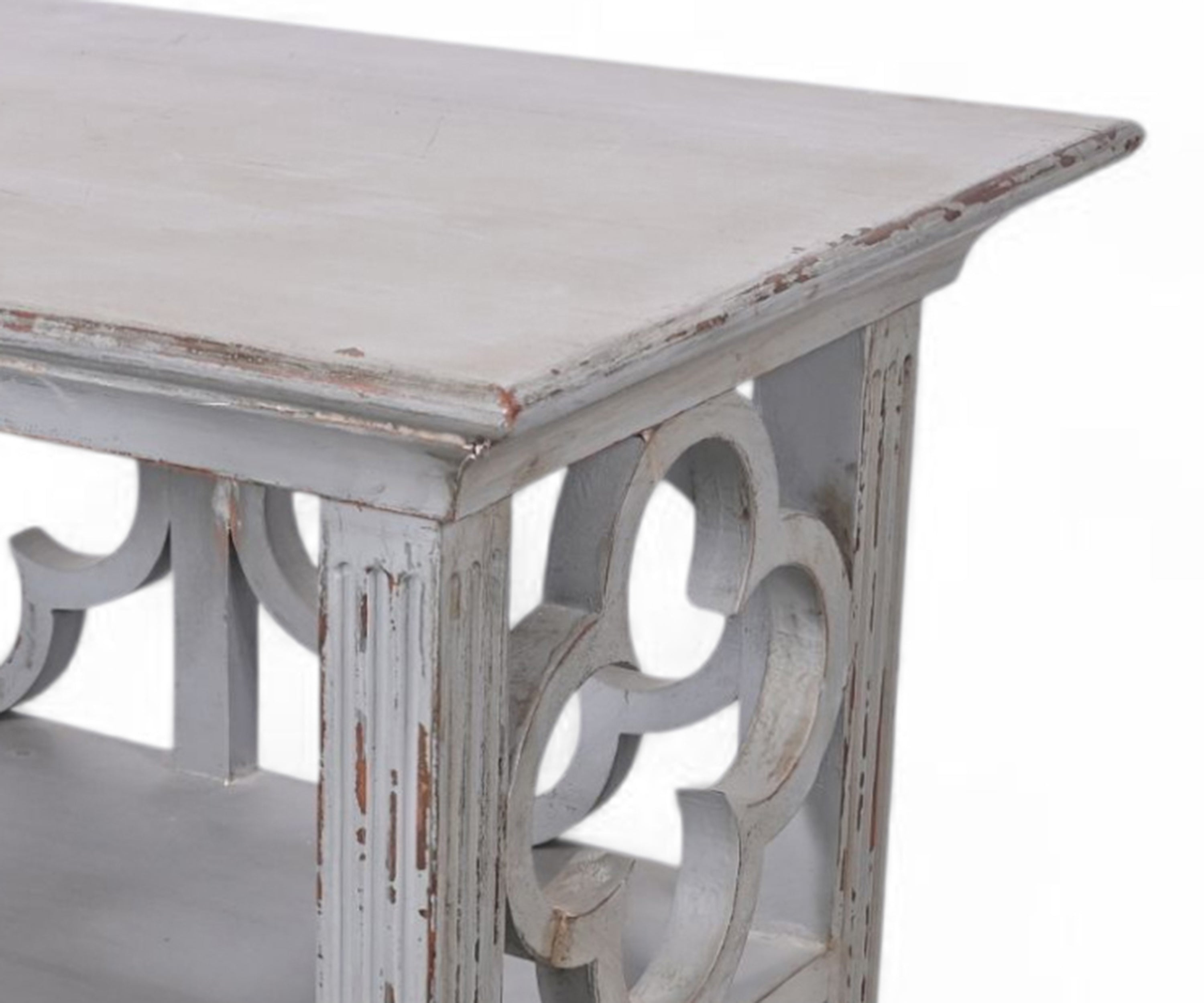 Distressed Grey Wooden Console Table with Decorative Fretwork and Open Shelves