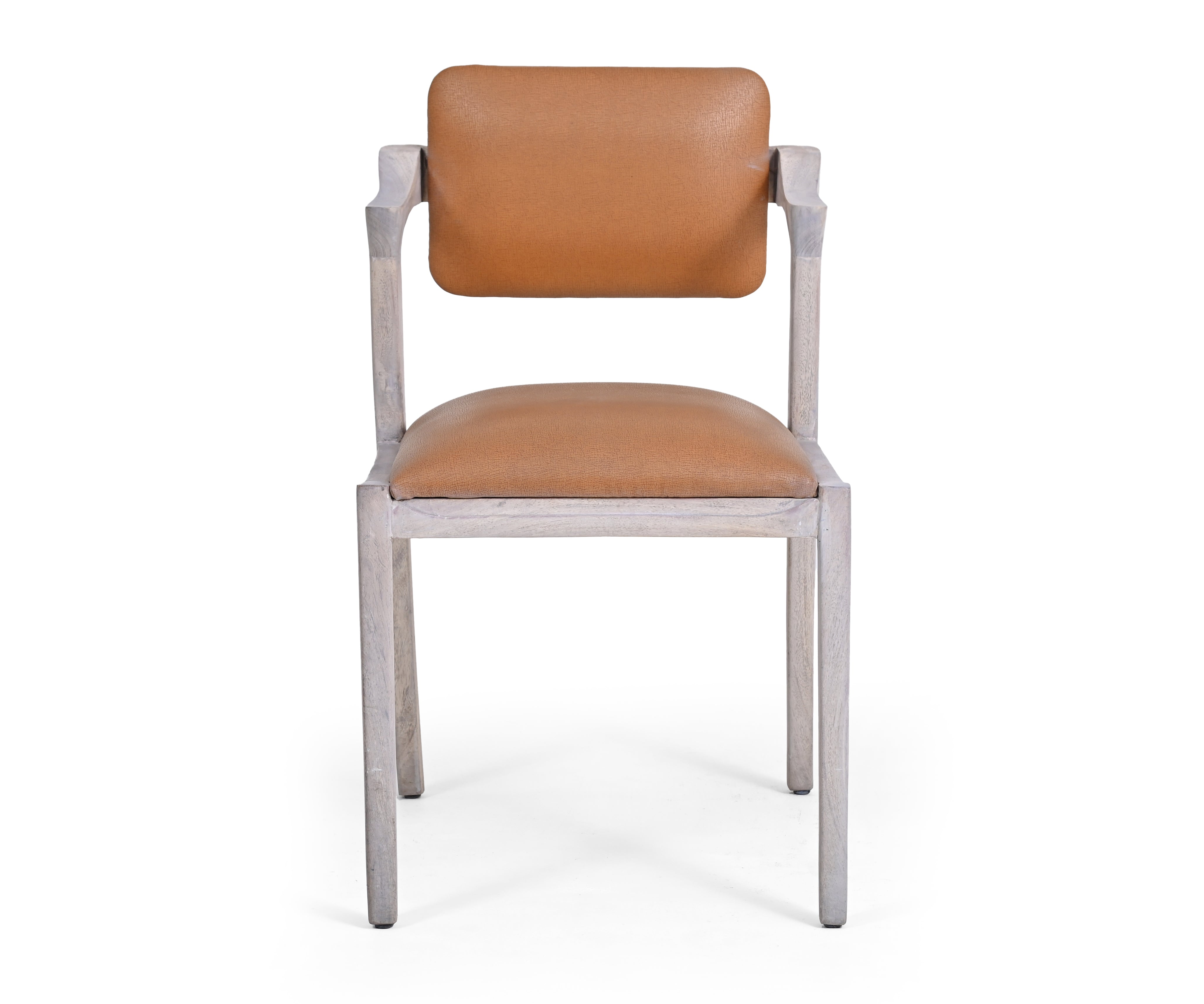 Distressed White Acacia Arm Dining Chair with Tan Leather Seat