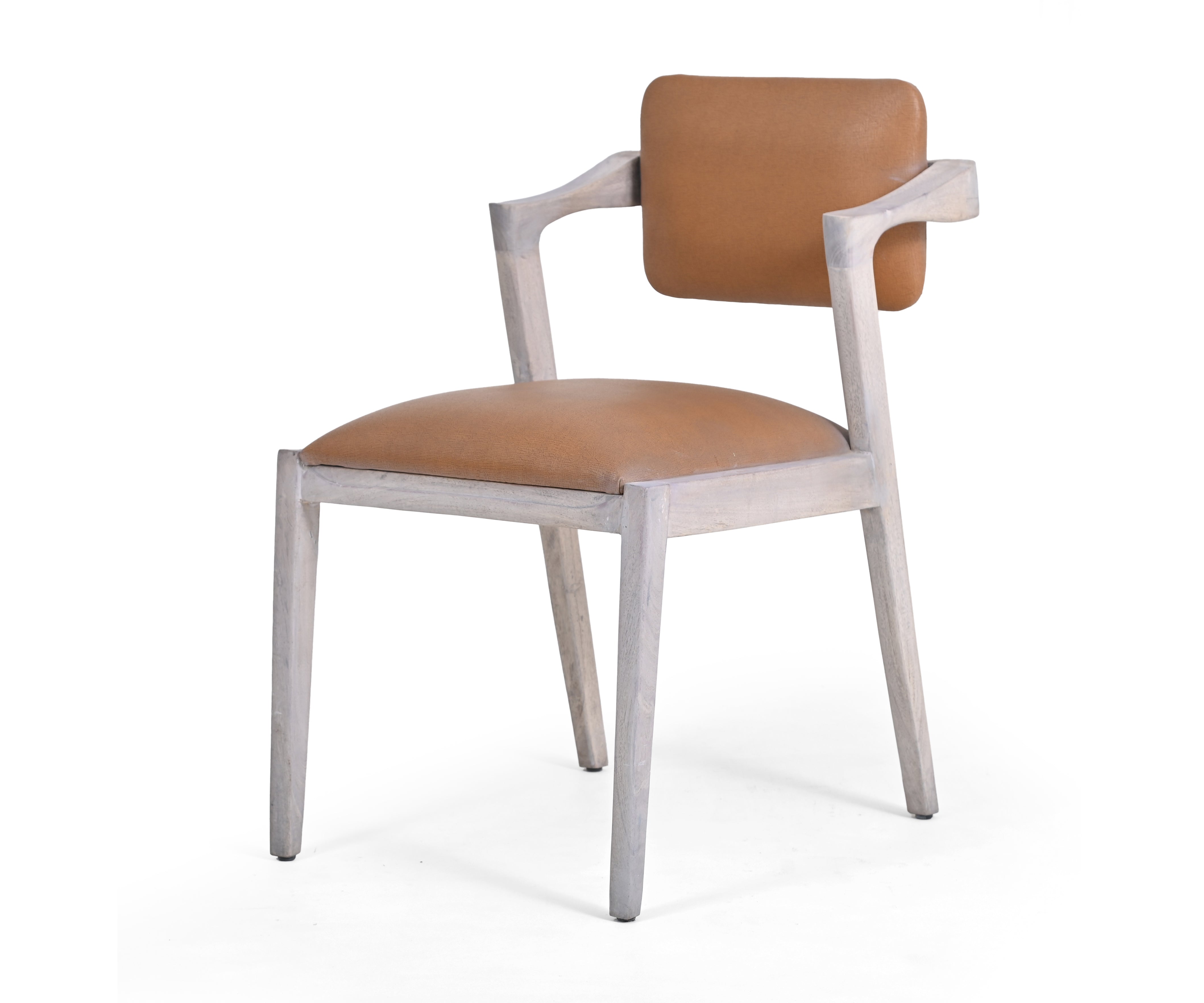 Distressed White Acacia Arm Dining Chair with Tan Leather Seat