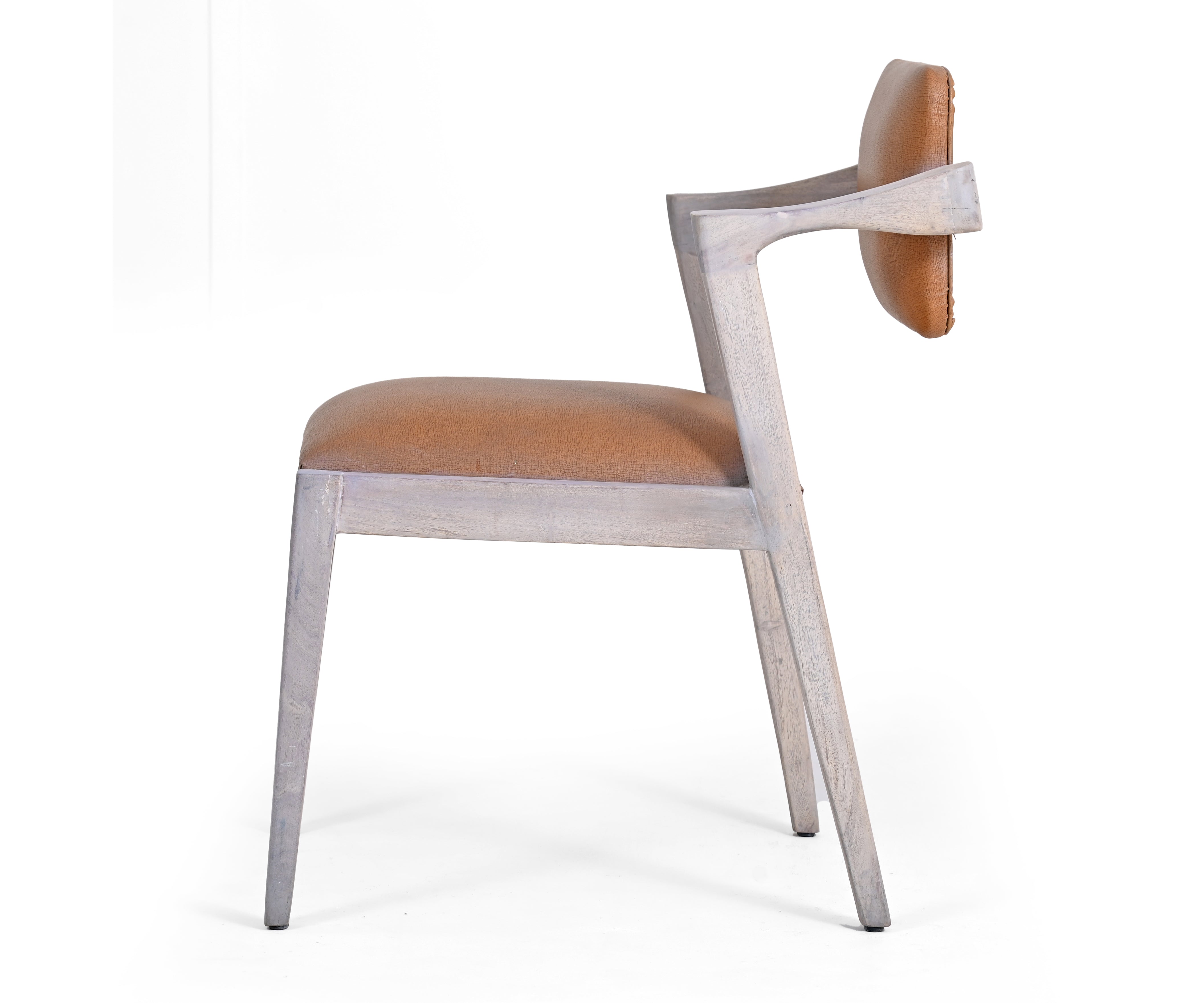 Distressed White Acacia Arm Dining Chair with Tan Leather Seat