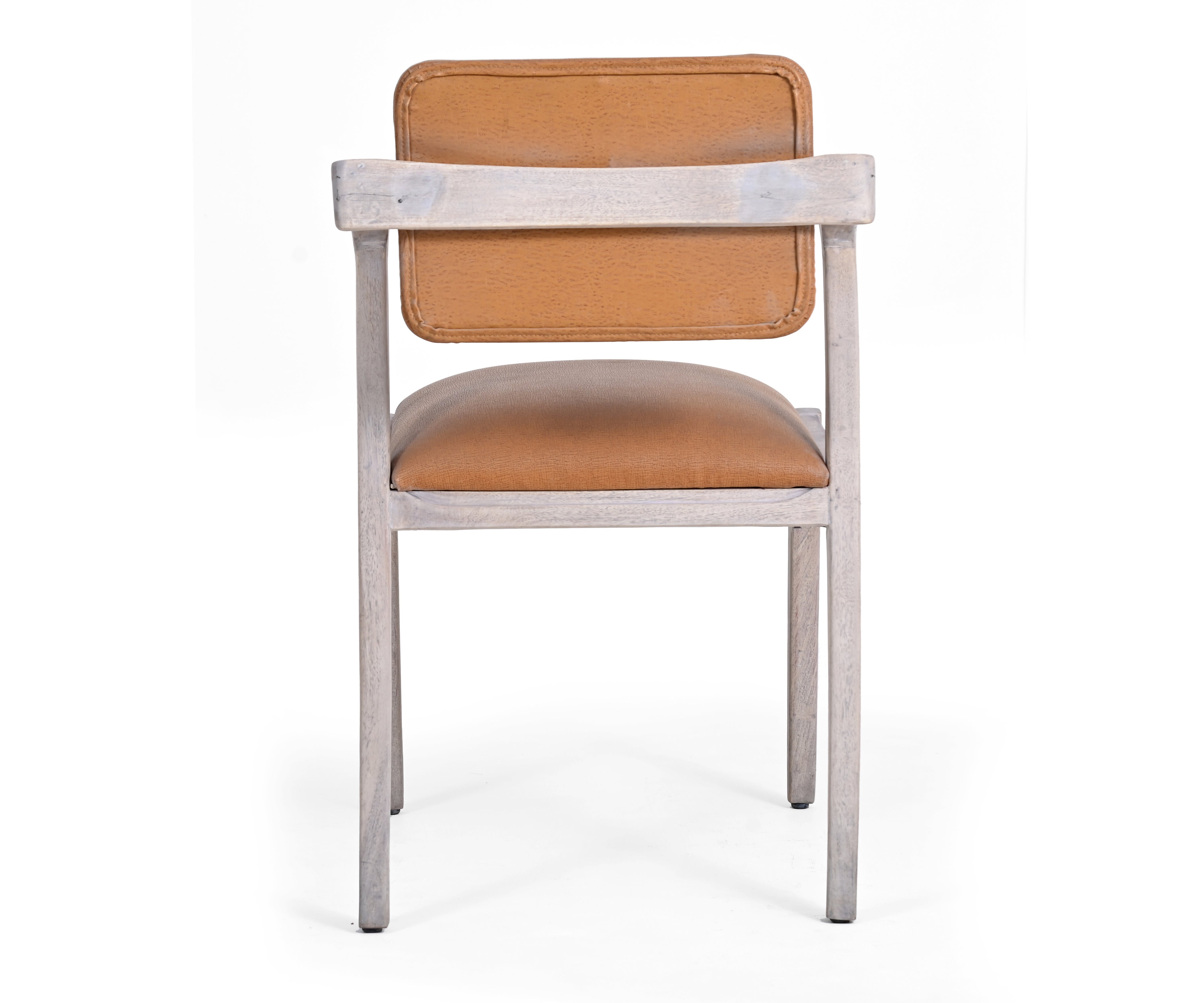 Distressed White Acacia Arm Dining Chair with Tan Leather Seat