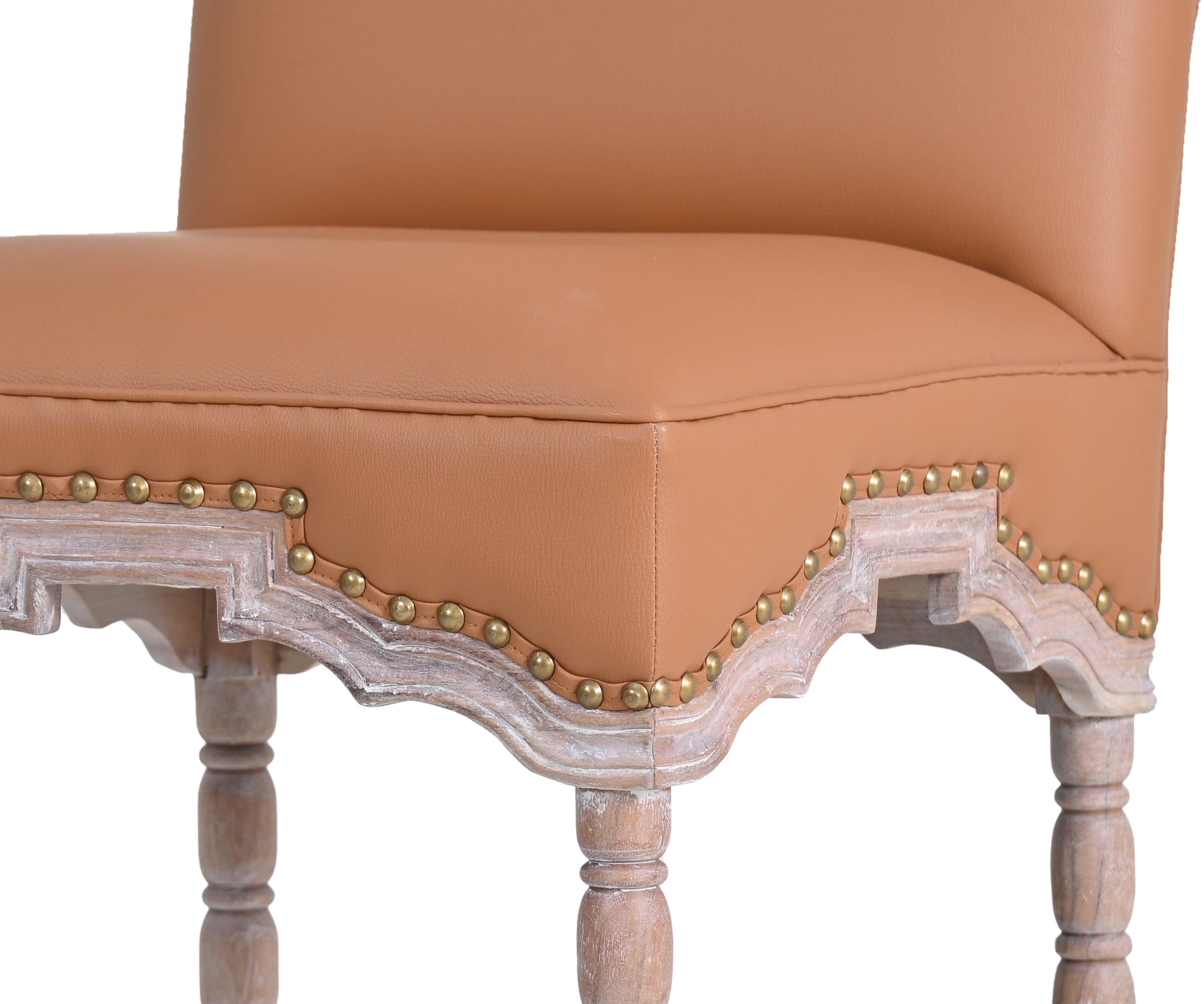 French Style Leather Bar Chair with Carved Wood Frame - Orange
