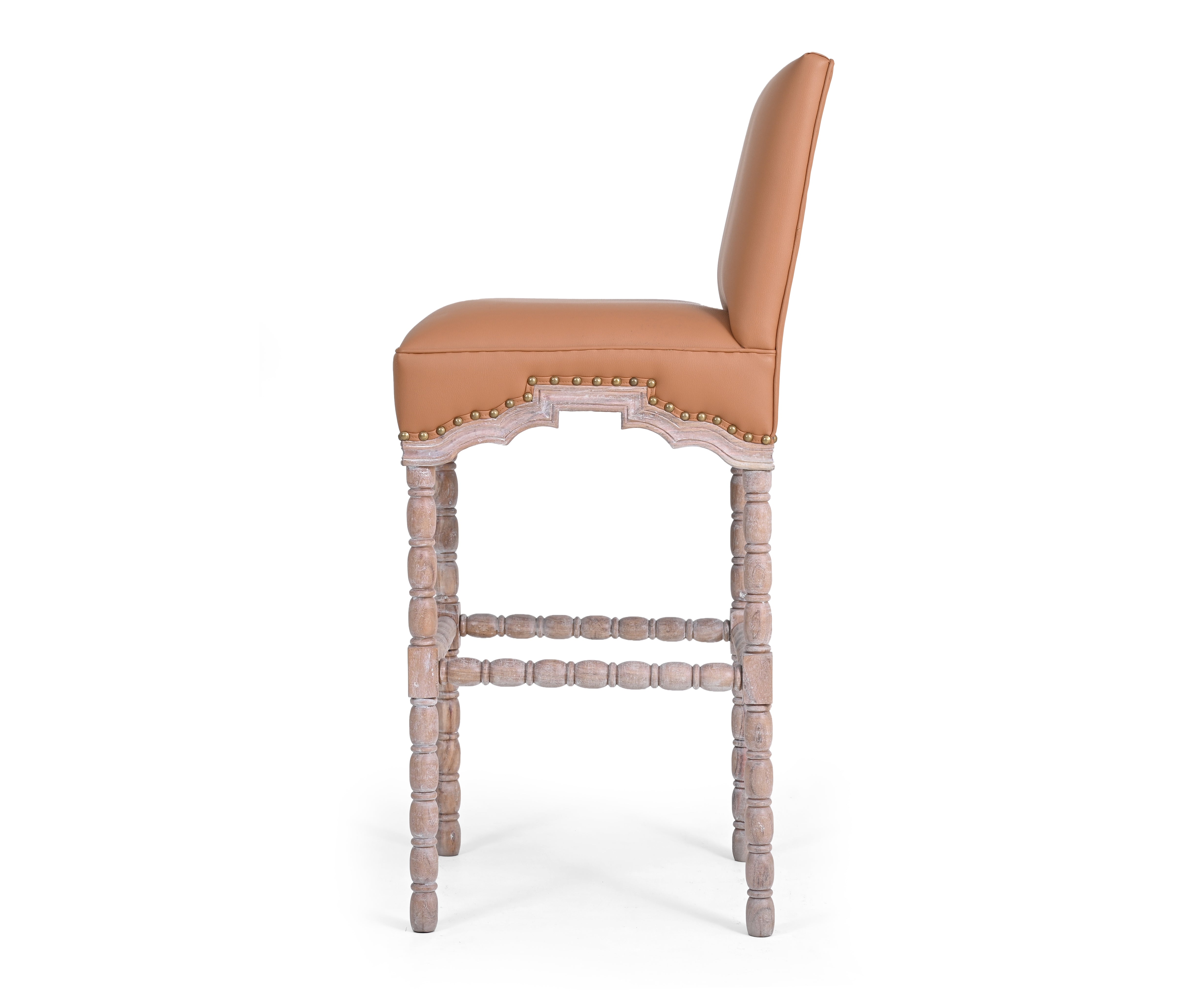 French Style Leather Bar Chair with Carved Wood Frame - Orange