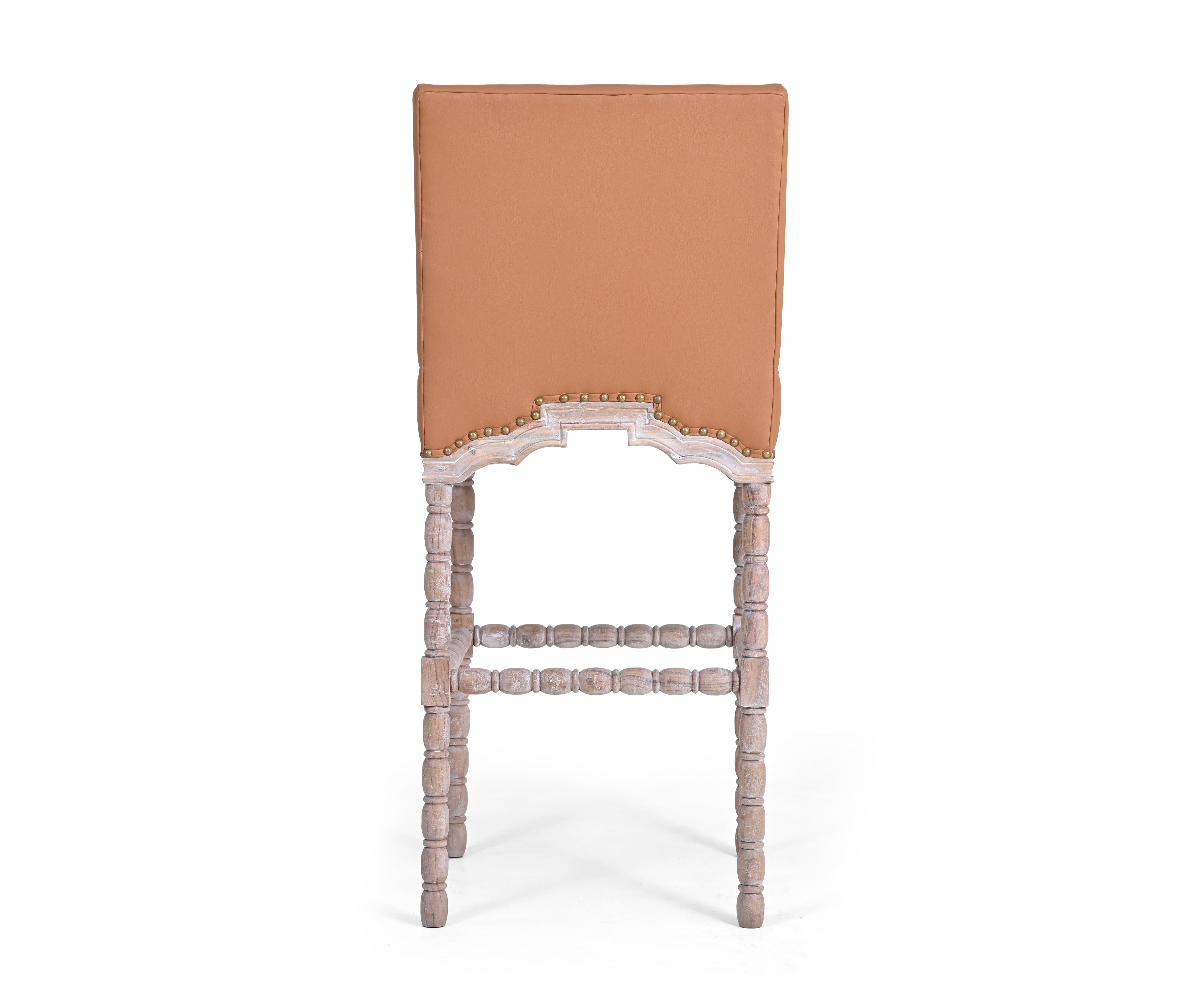 French Style Leather Bar Chair with Carved Wood Frame - Orange