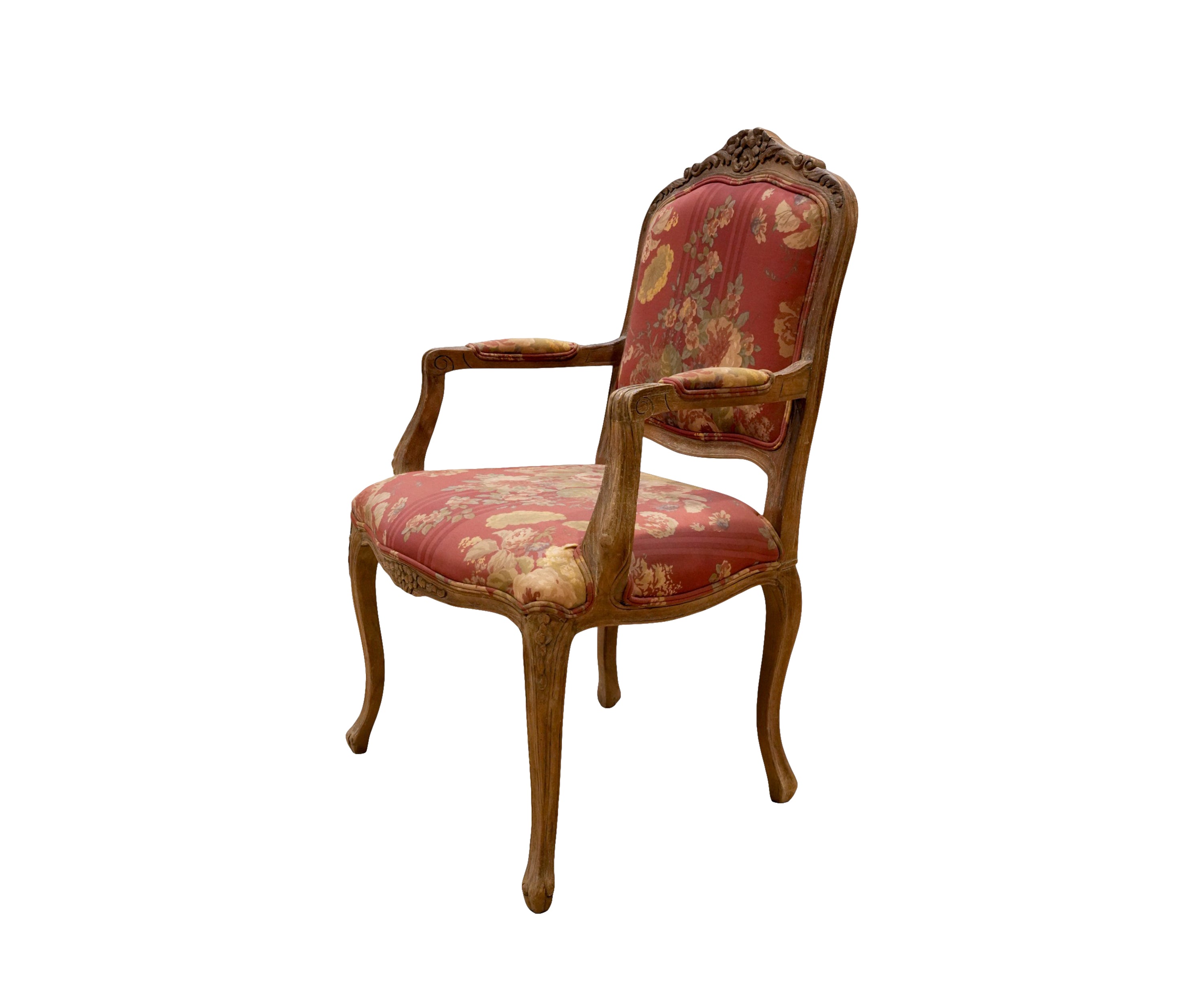 French Floral Armchair with Carved Solid Wood Frame