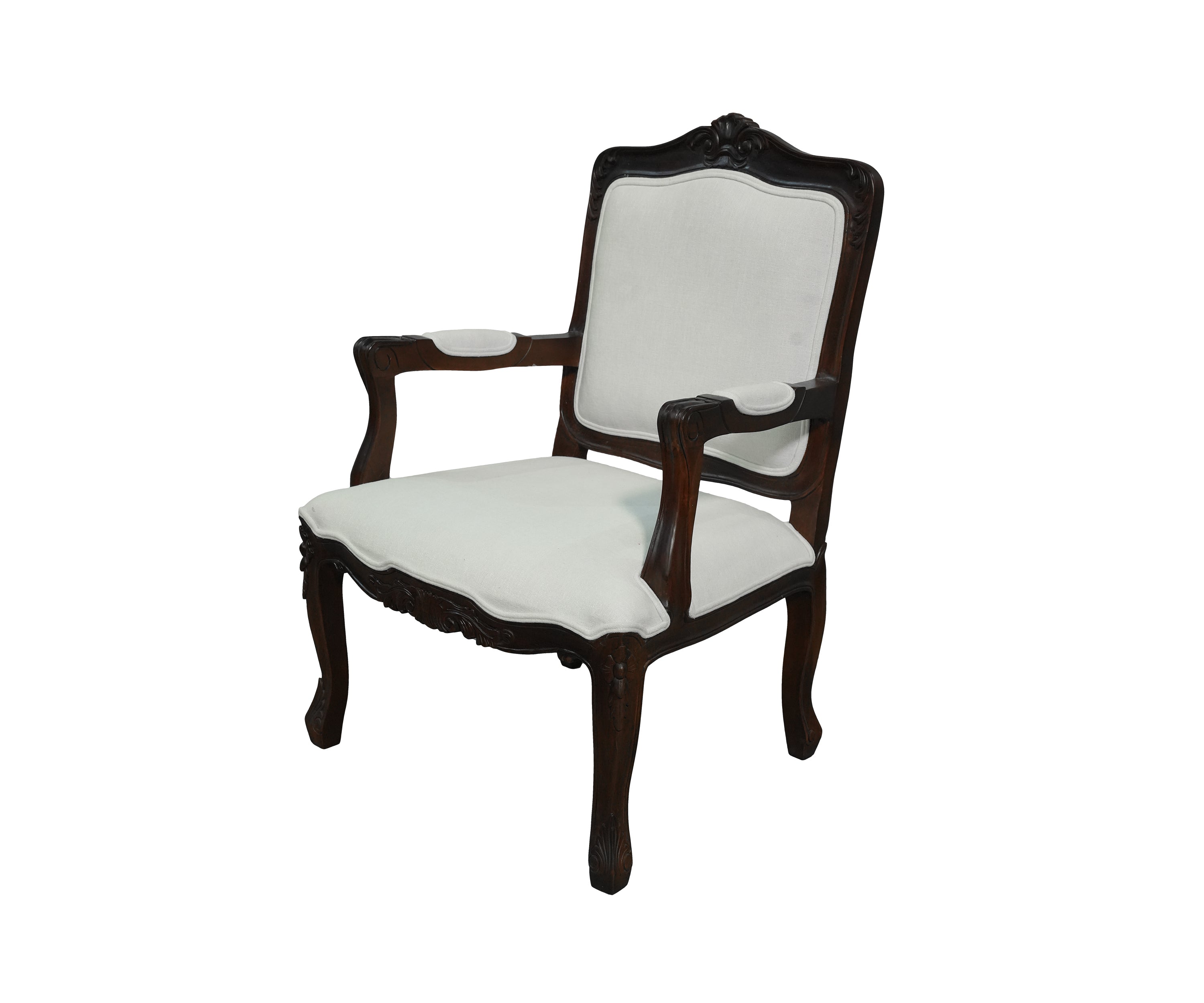 French Inspired Carved Wood Upholstered Arm Chair